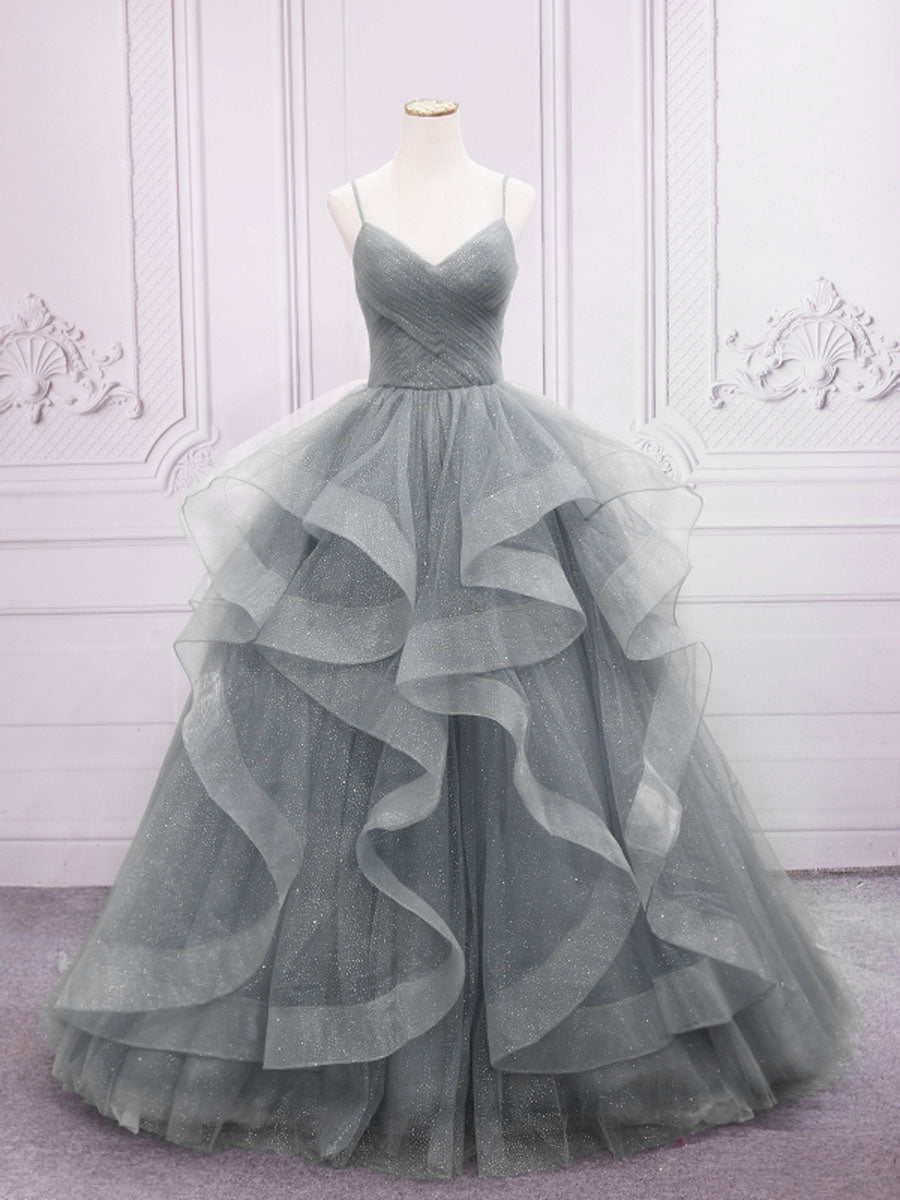 Elegant Blue Tulle Long Prom Dress for Women - Formal Sweet 16 Ball Gown with Flowy Skirt | Perfect for Homecoming, Quinceañera & Evening Parties