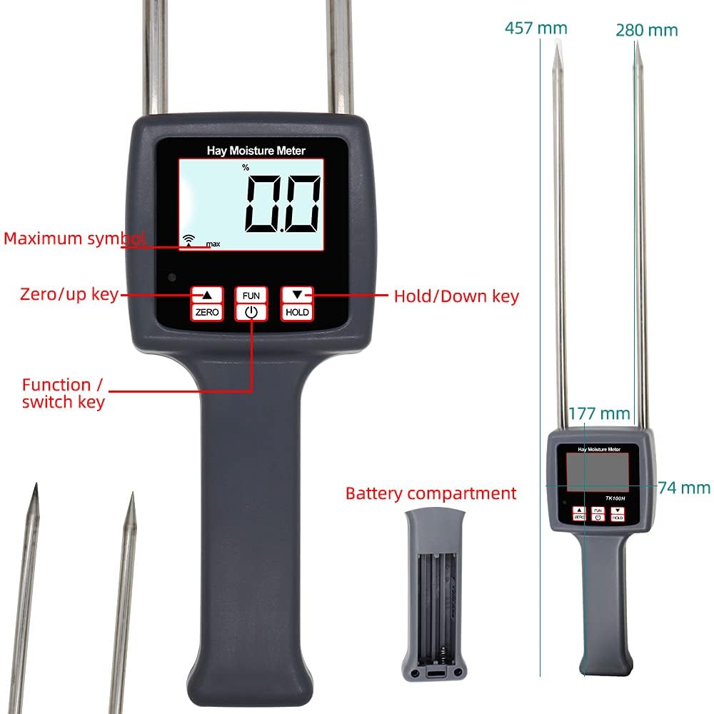 Digital Hay Moisture Meter Tester - 0-80% Range, 0.1 Resolution, ±0.5% Accuracy for Alfalfa, Pasture, Straw & More | Perfect for Farmers, Agriculture & Livestock Feed Quality Control