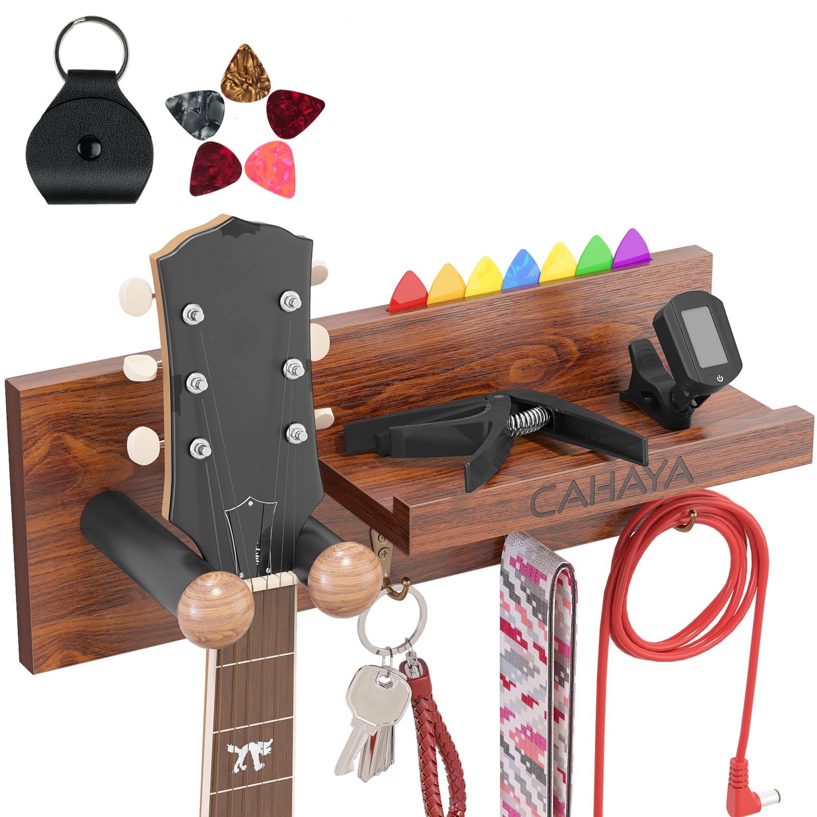 CAHAYA Wooden Guitar Wall Hanger with Rubber Hook, Storage Shelf & Pick Holder - Secure Wall Mount for Acoustic, Electric Guitars, Bass & Banjo - Perfect for Home Studios, Music Rooms & Stage Performances