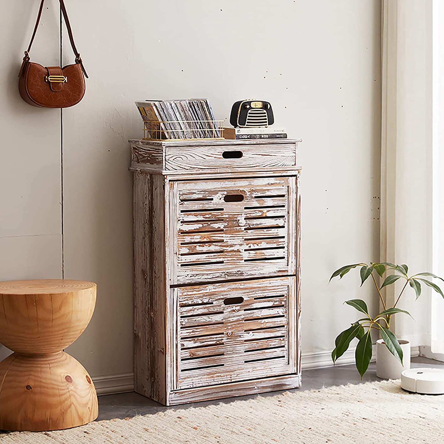 Rustic Solid Wood Shoe Cabinet with Top Drawer - Farmhouse Entryway Shoe Organizer & Storage, Hidden Shoe Rack for Hallway (53x24x87cm) | Perfect for Small Spaces, Entryway Organization & Home Decor
