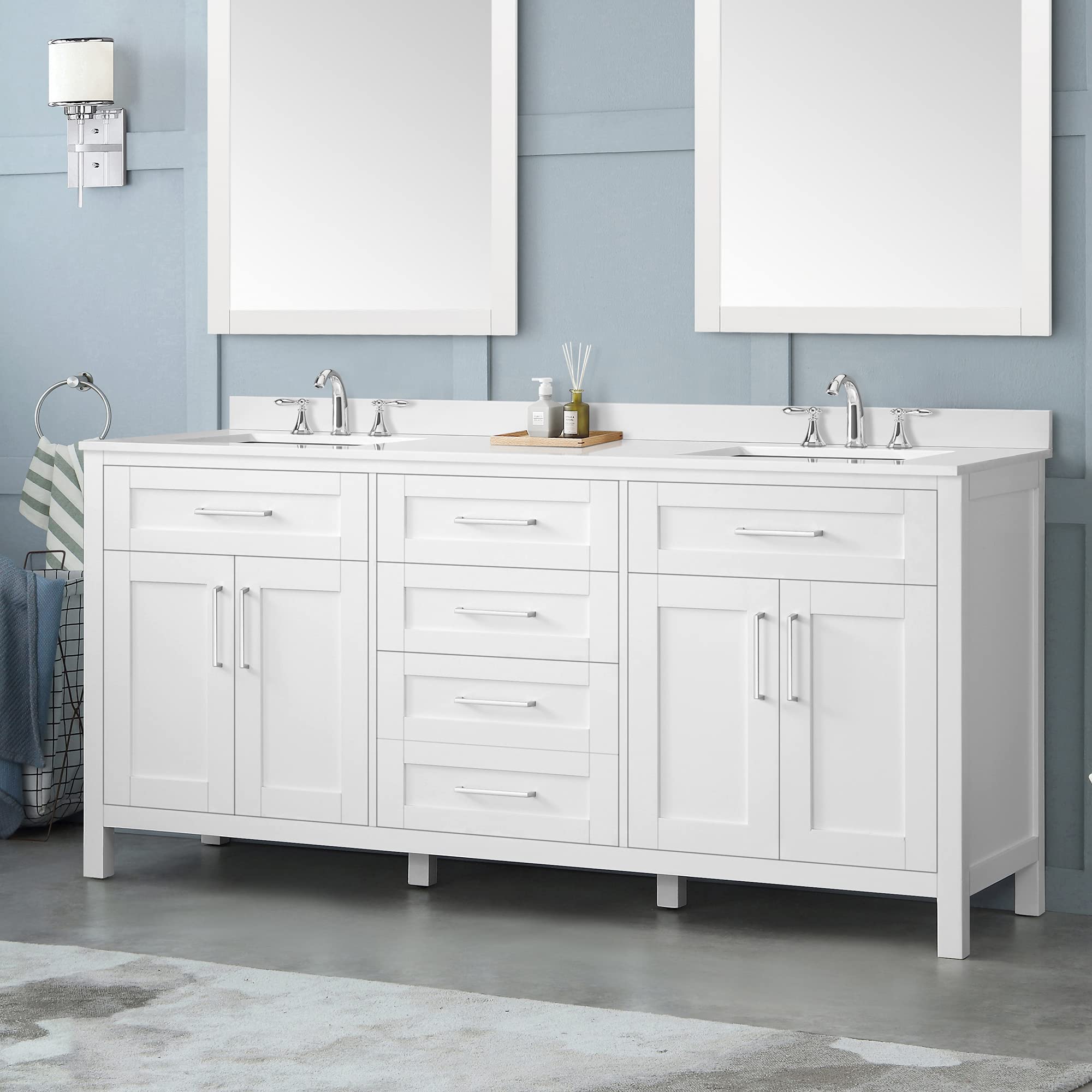 OVE Decors Maya 72 Inch White Bathroom Vanity with Carrara Marble Countertop - Modern Double Sink Vanity for Master Bathroom & Powder Room