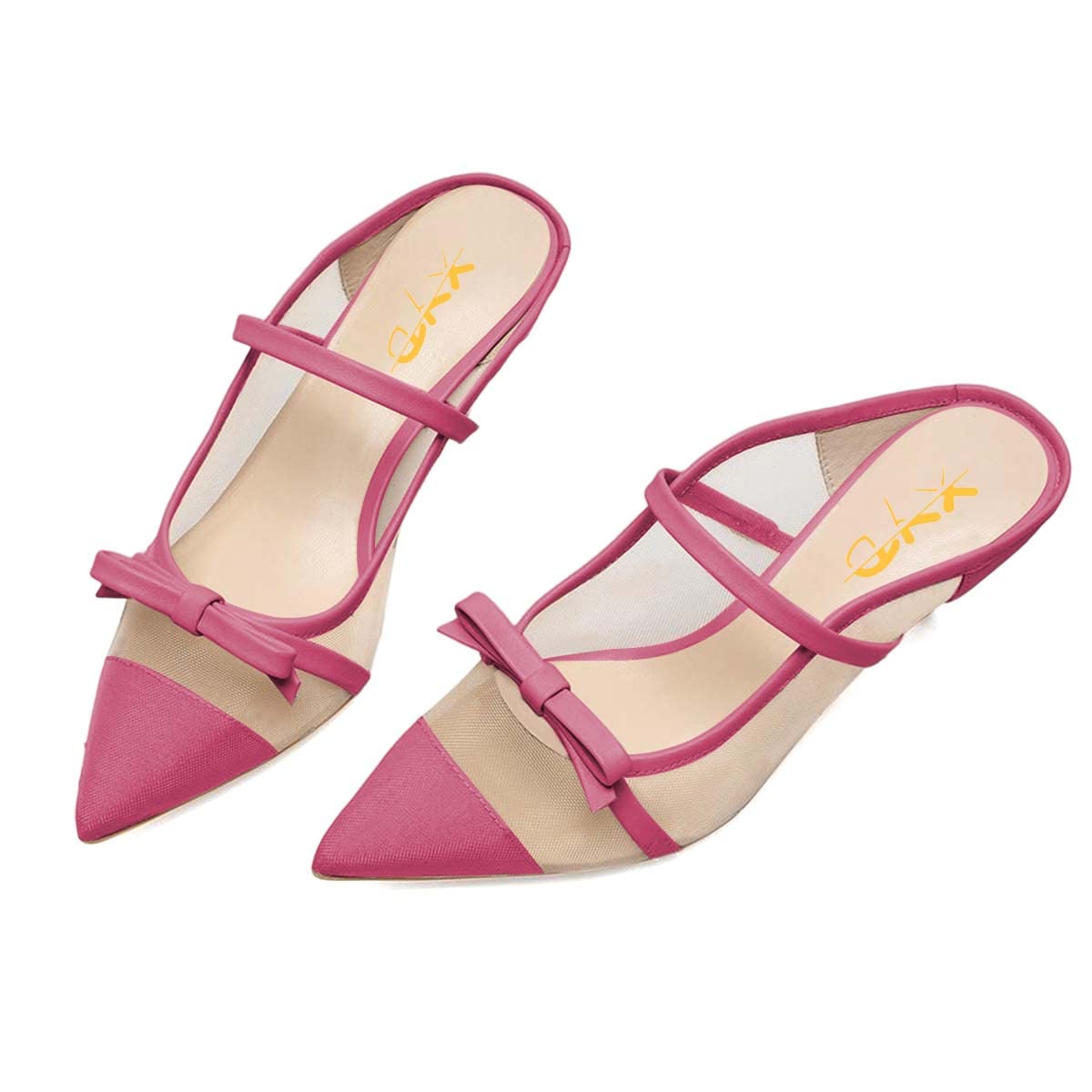 XYD Women's Closed Pointed Toe Mesh Slip-On Mule Sandals with Bow Knot - Mid Heel Slides Slippers for Summer - Comfortable Daily Shoes for Casual Wear, Office, and Outdoor Activities