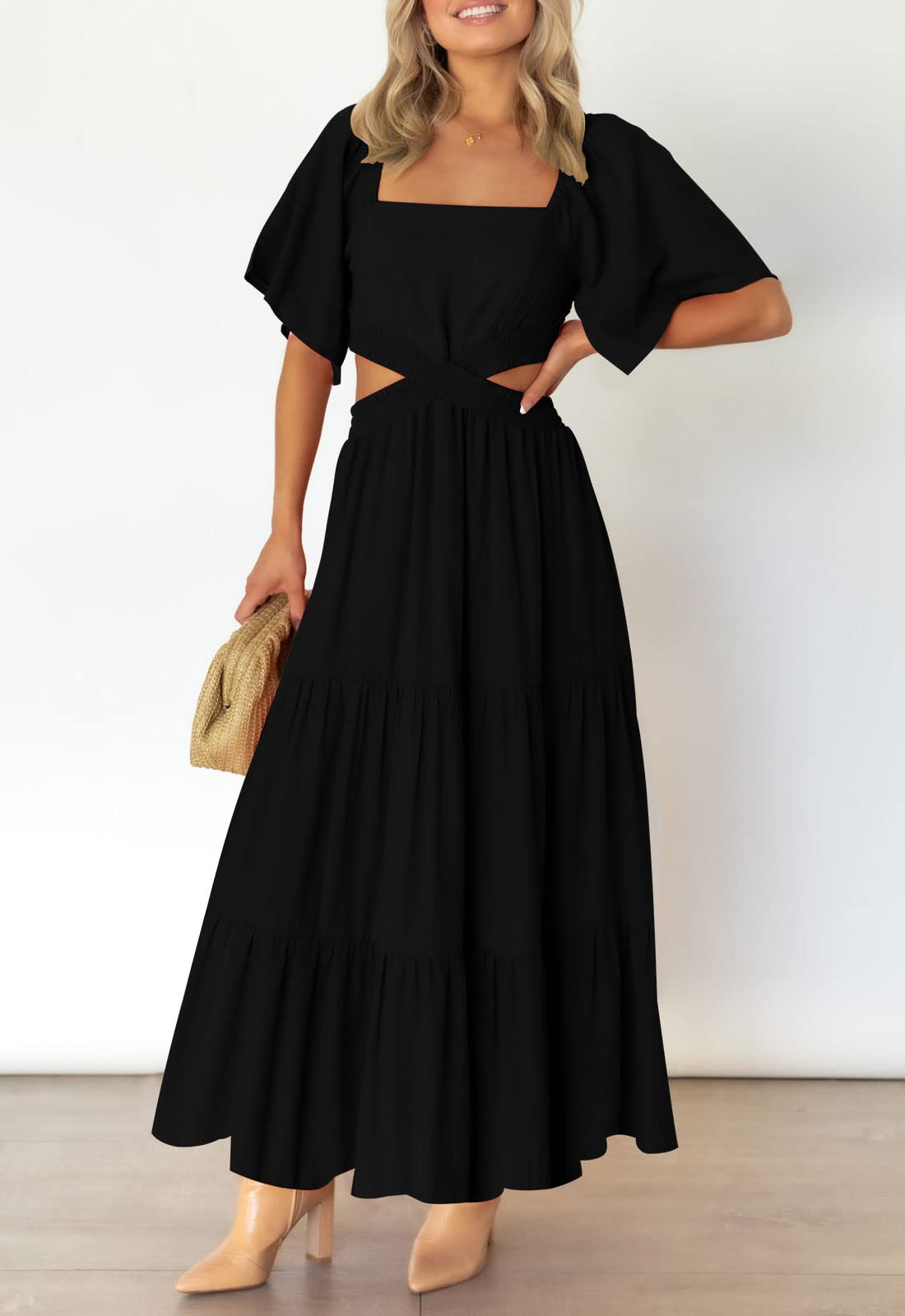 LEANI Women's 2025 Summer Cutout Maxi Dress - Square Neck, Short Sleeve, Crossover Waist Casual Party Dress for Beach, Wedding & Evening Events | Flowy Boho Chic Style