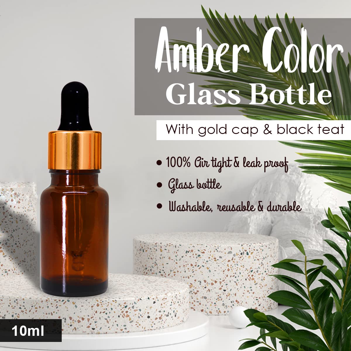 NSB Herbals 10ml Amber Round Empty Glass Bottle with Glass Dropper, Gold Ring & Black Silicone Teat - Leak Proof, Refillable for Essential Oils, DIY Perfumes, Aromatherapy (Pack of 3) - Perfect for Travel, Home Use & Gift Sets