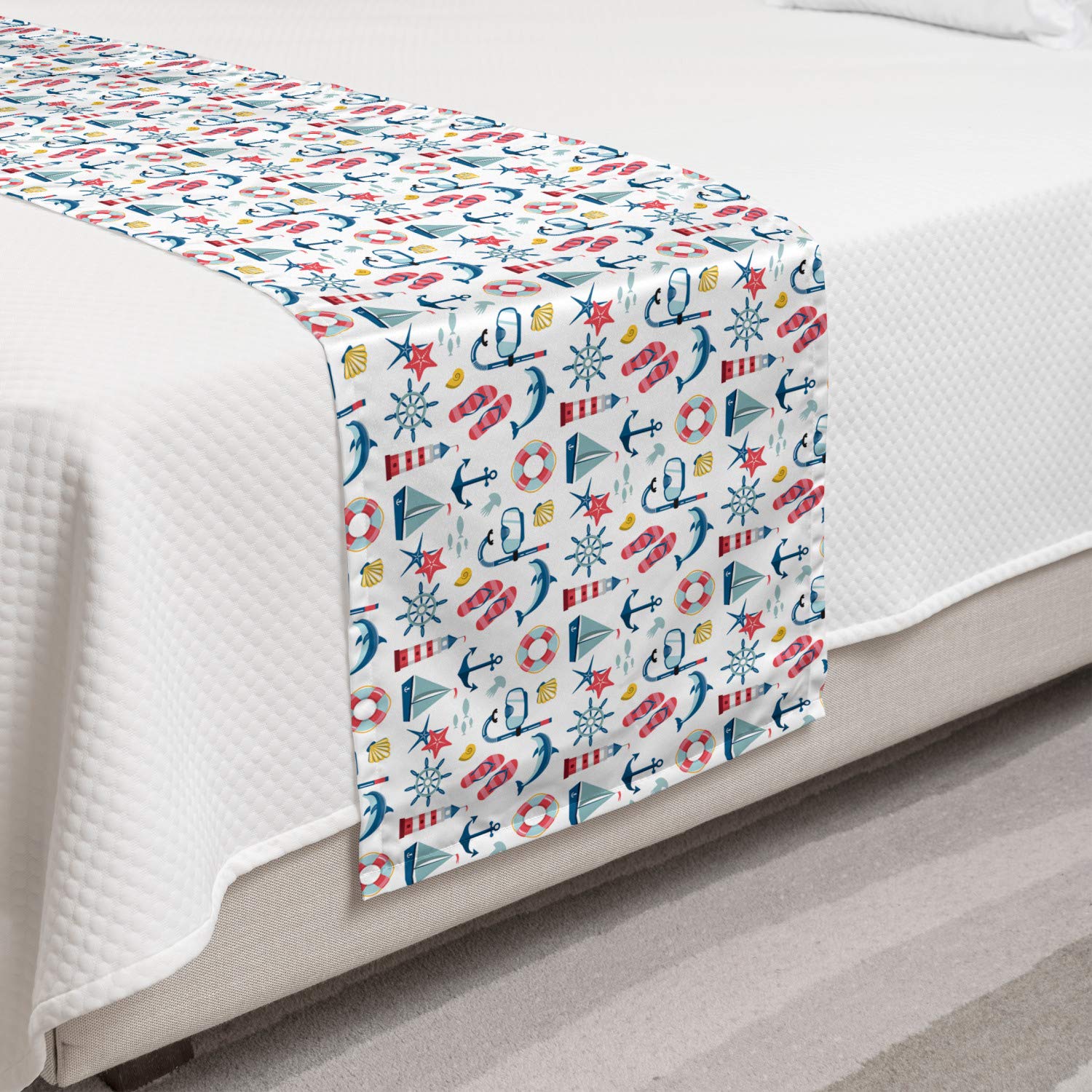 Ambesonne Nautical Bed Runner - Marine Themed Anchor, Wheel, Sailboats, Starfish, Shells & Lighthouse Pattern - Decorative Accent Bedding Scarf for Hotels, Homes & Guest Rooms - Multicolor Coastal Decor for Beach House & Seaside Bedroom Styling
