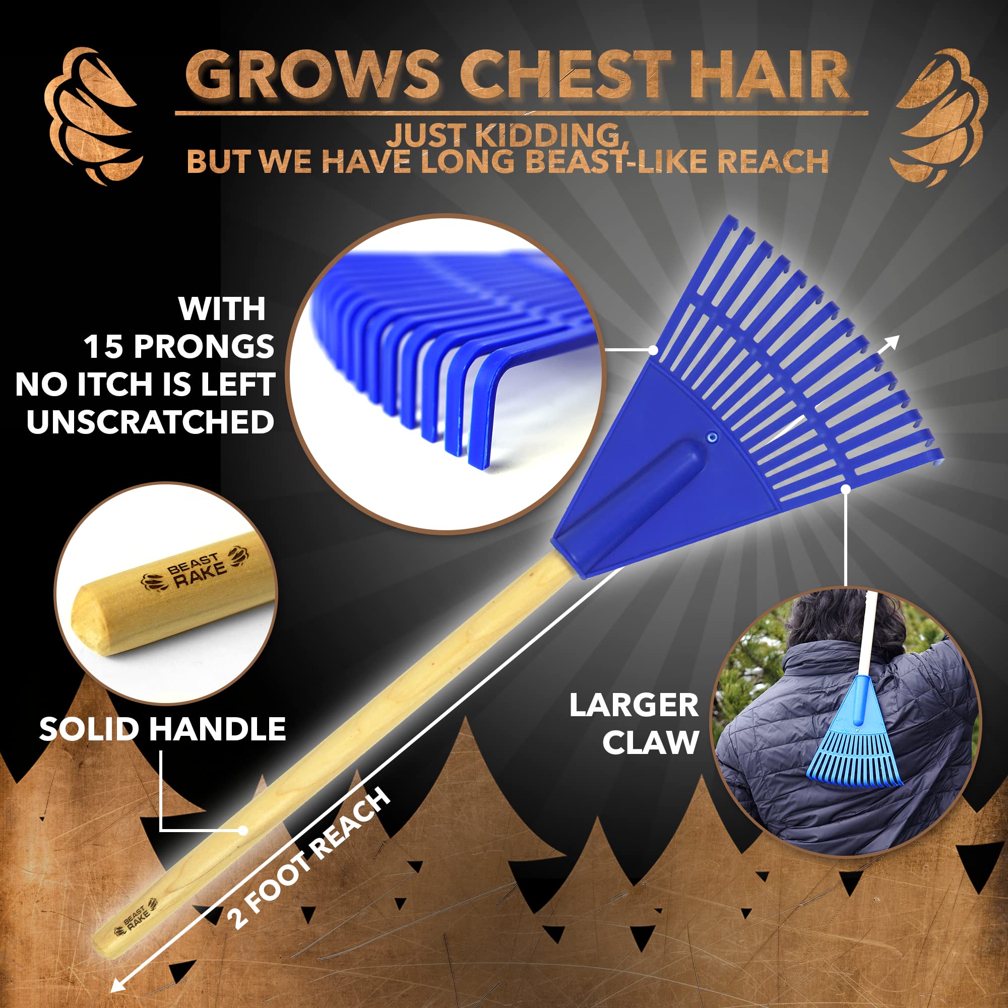 Beast Rake Back Scratcher - 15 Prong Extra Wide Itch Relief Tool with Anti-Slip Ergonomic Handle for Men & Women | Lightweight Oversized Back Scratcher for Home, Office & Travel (Blue)