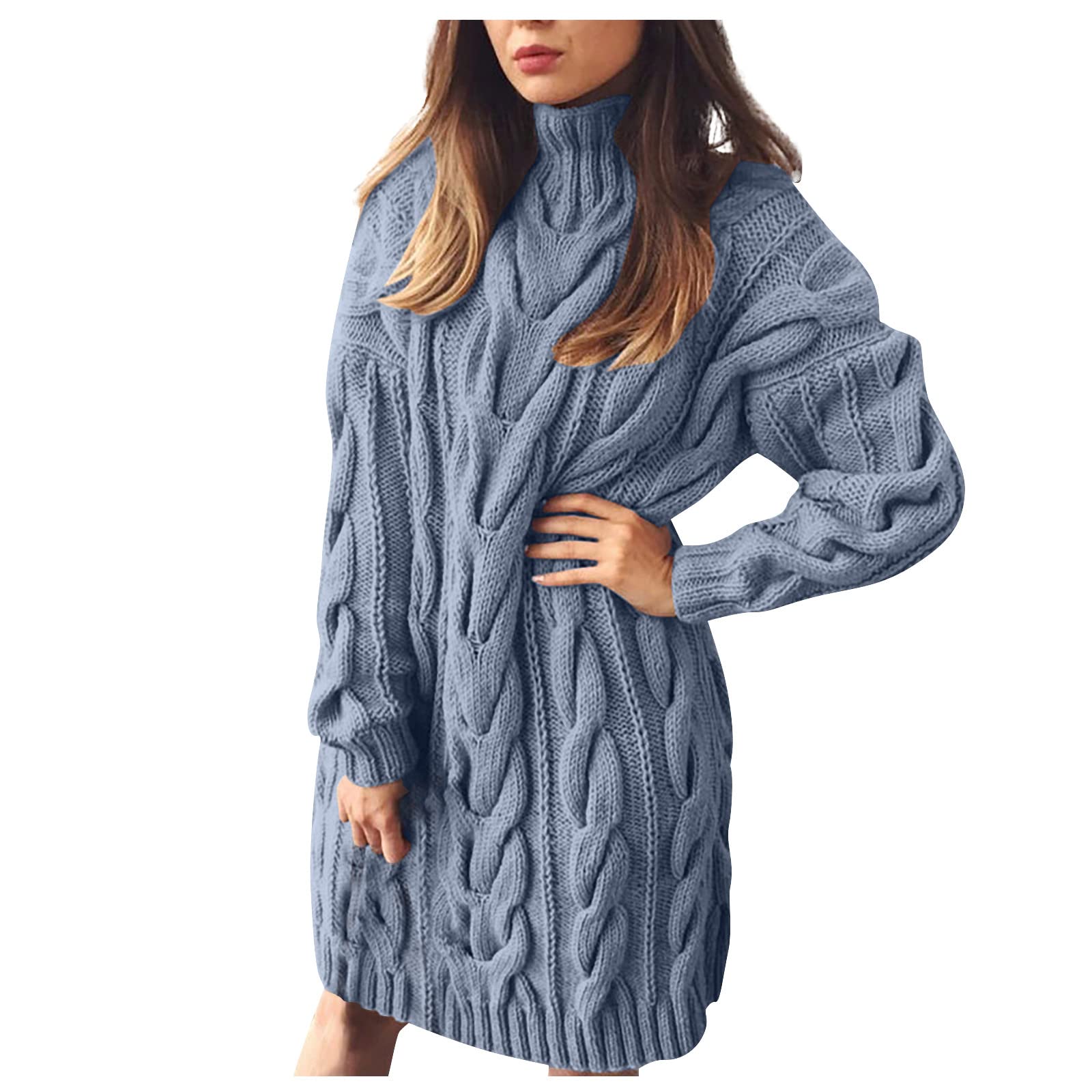 FOVIGUO Women's Casual Turtleneck Long Sleeve Knit Sweater Dress - Solid Color Waffle Knit Knee-Length Dress for Fall/Winter, Office Wear & Date Night Outfits