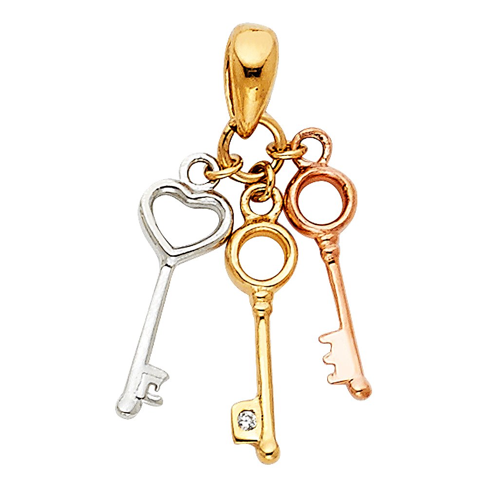 14K Tri-Color Gold Key Pendant Necklace - 3-Piece Key Charm Set with 1.2mm Flat Wheat Chain for Women | Perfect Gift for Anniversary, Birthday & Valentine's Day