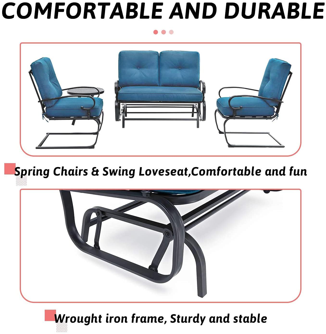 SOLAURA 4-Piece Outdoor Patio Furniture Set - Peacock Blue Glider Loveseat Swing, Spring Lounge Chairs & Side Table - Perfect for Garden, Deck, Balcony, Poolside & Lawn Relaxation | Durable Weather-Resistant Conversation Set for Outdoor Entertaining