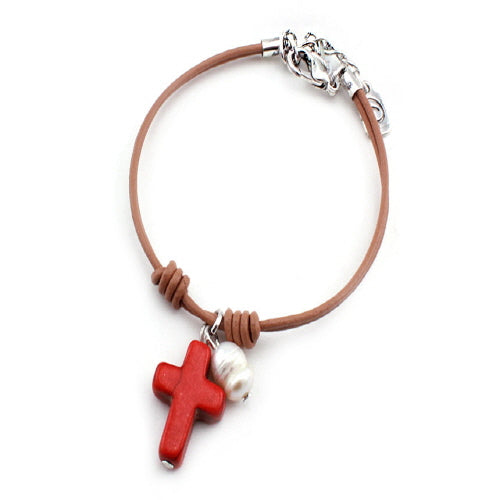 Elegant Cross & Pearl Bracelet in Coral Red - Perfect for Weddings, Parties & Special Occasions