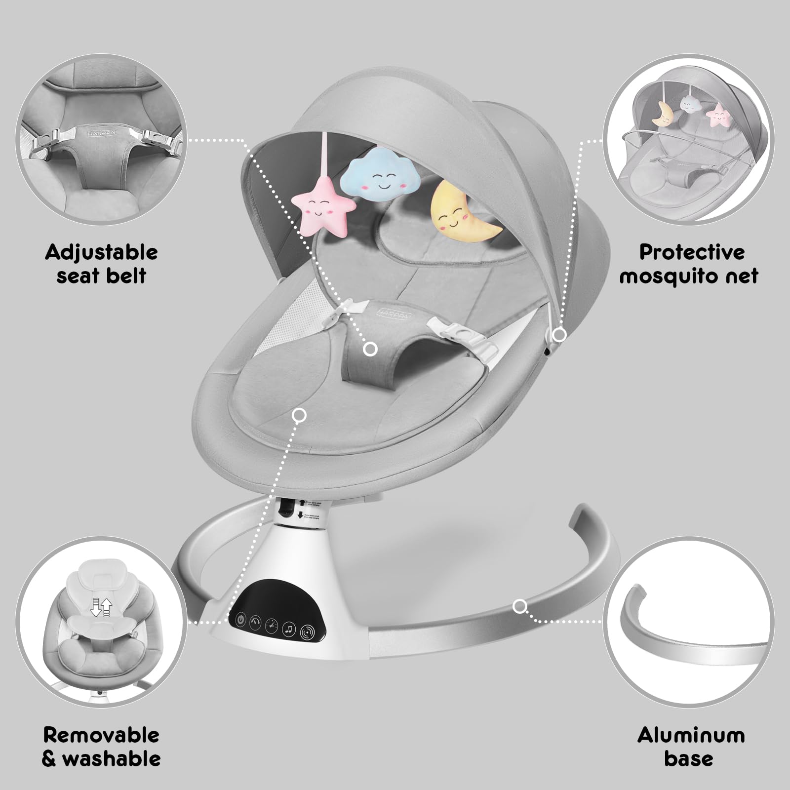 HARPPA Electric Baby Swing for Infants 0-12 Months, Portable Automatic Rocker with Bluetooth Music & 12 Soothing Lullabies - Perfect for Nursery, Bedtime & Travel (Grey)