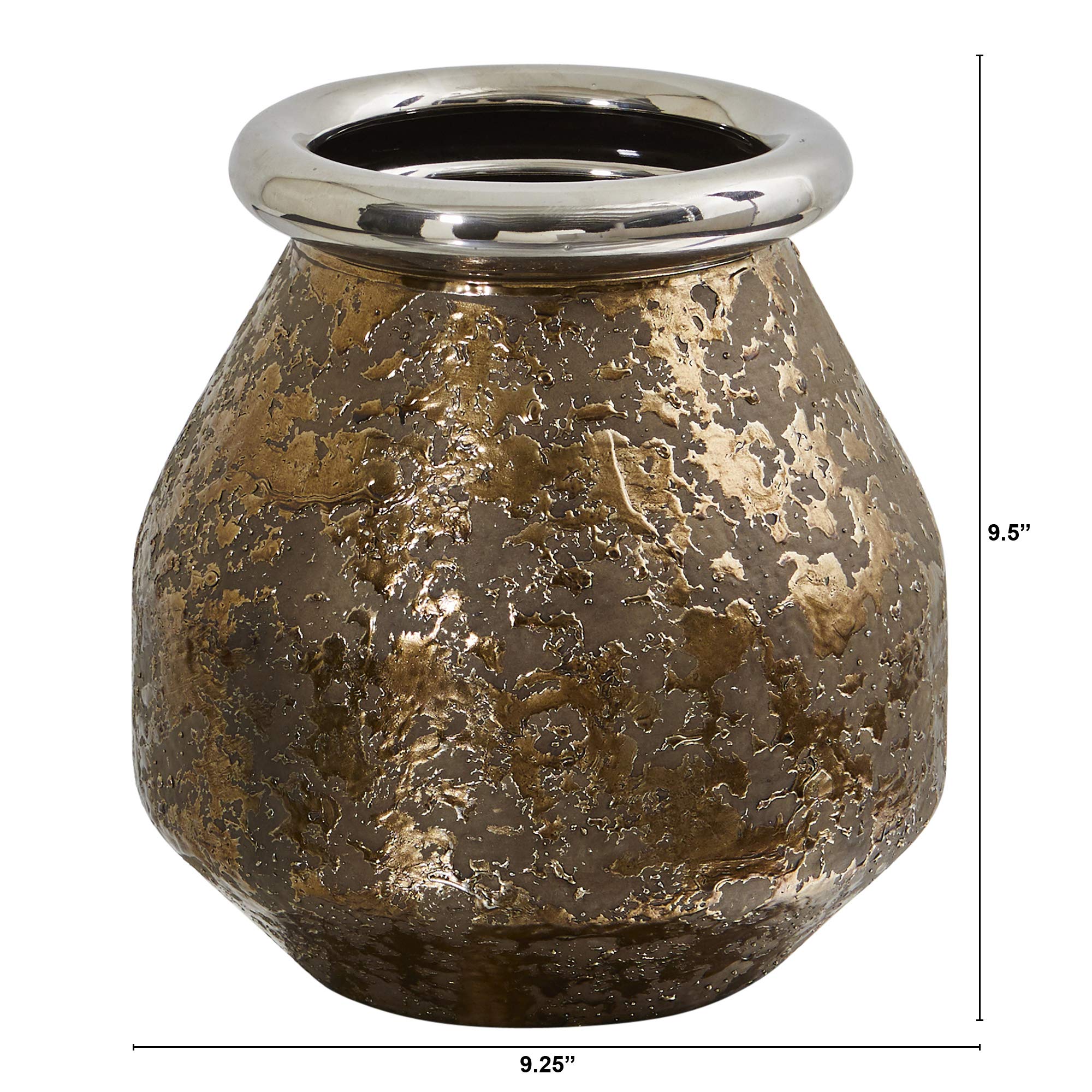 Nearly Natural 9.5 Inch Textured Bronze Vase with Silver Rim - Elegant Home Decor for Living Room, Dining Table, and Wedding Centerpieces
