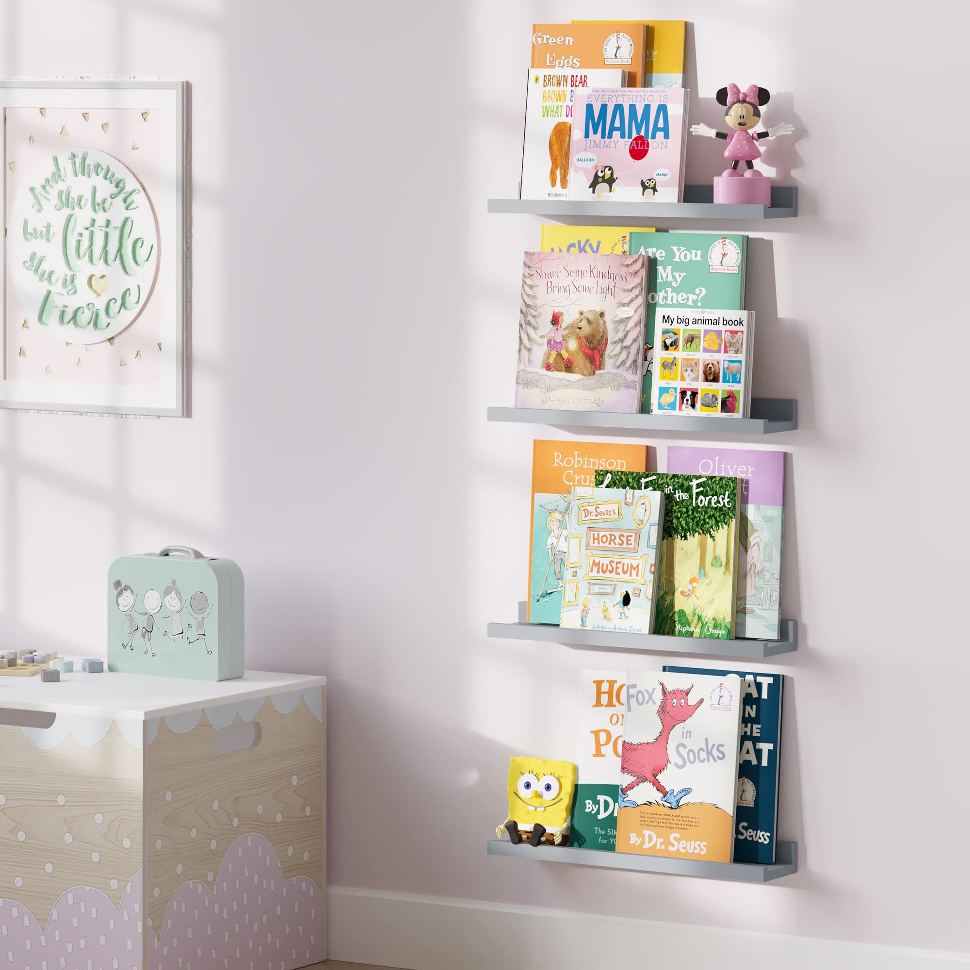 Wallniture Denver Floating Bookshelves Set of 4 - Modern Wall Mounted Shelves for Kids Room, Nursery Decor & Photo Display - Gray Wooden Picture Ledge - Perfect for Books, Toys, Picture Frames and Home Organization