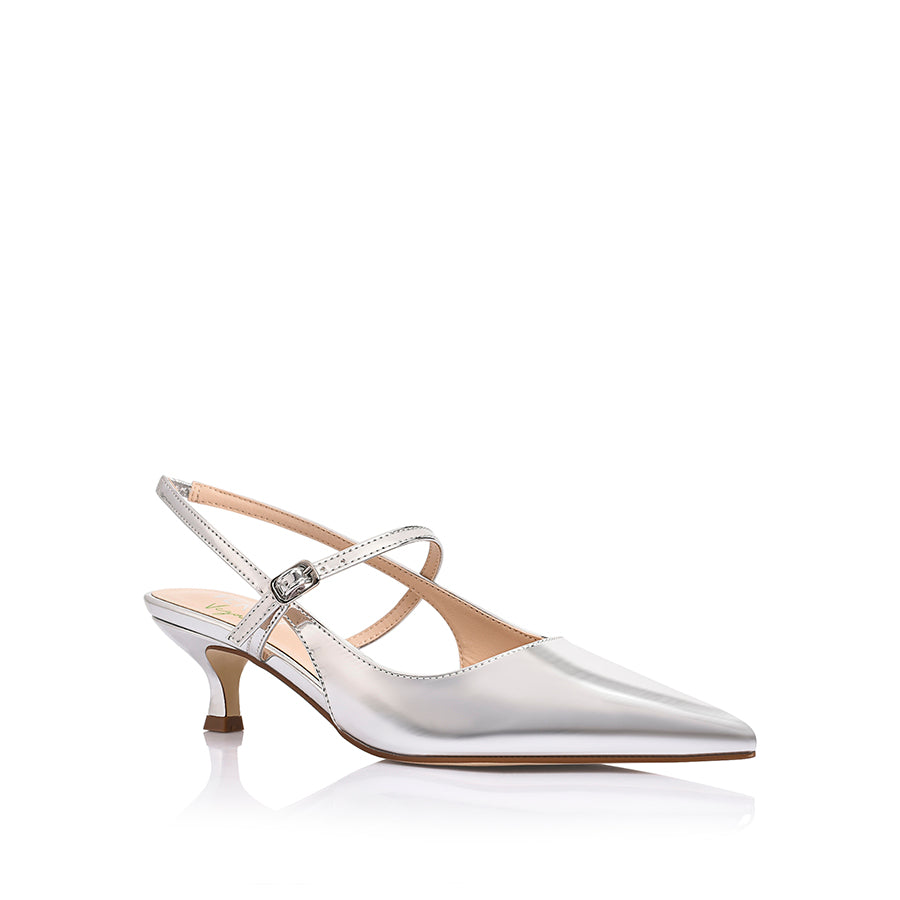 Luce Slingback Kitten Heels - Women's Comfortable Low Heel Dress Shoes in Shiny Silver Mirror Finish | Perfect for Weddings, Parties & Office Wear