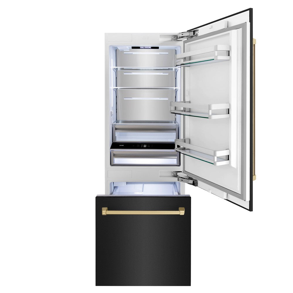 ZLINE Autograph Edition 30 Inch Built-In Bottom Freezer Refrigerator - 16.1 cu ft Capacity, Black Stainless Steel with Champagne Bronze Accents, Water Dispenser & Ice Maker - Perfect for Modern Kitchens, Open Concept Homes & Luxury Appliances Collection (RBIVZ BS 30 CB)