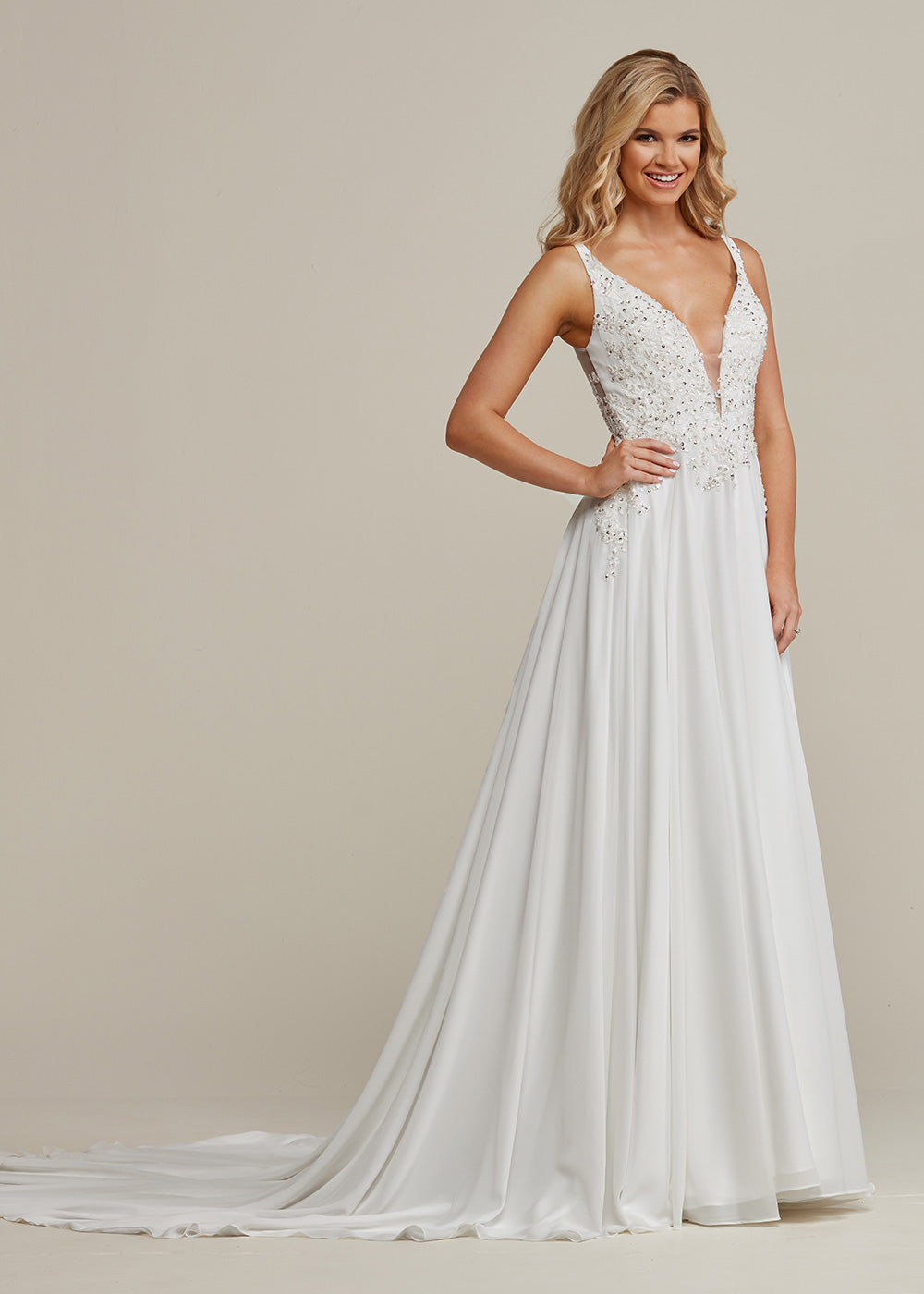 Elegant Mya 1 A-Line Wedding Dress with Plunging Neckline & Sequined Lace - Perfect for Bridal, Formal Events & Romantic Photoshoots