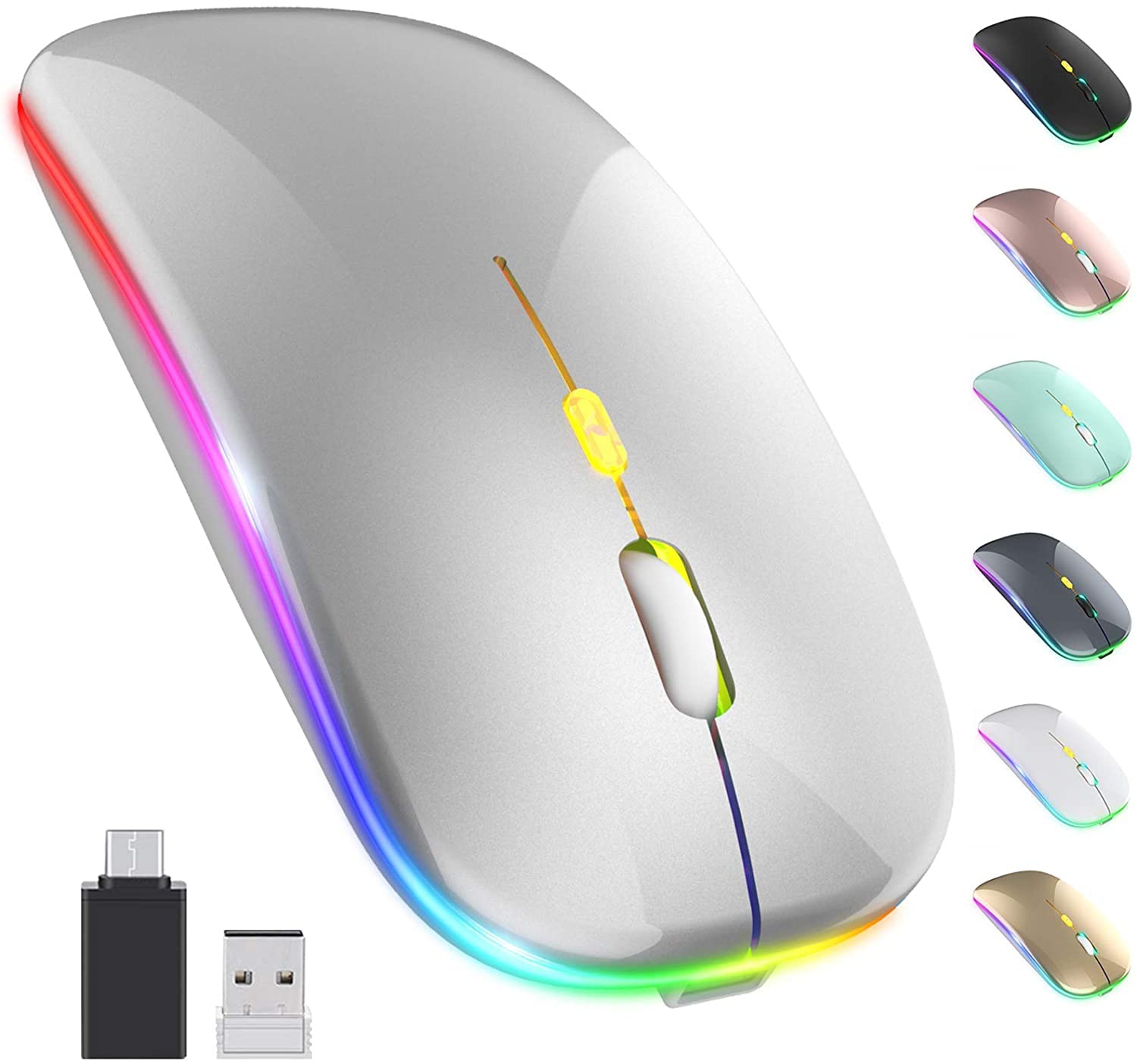 Wireless Rechargeable LED Mouse - Slim Silent 2.4G Optical Mouse with USB/Type-C Receiver, 3 Adjustable DPI for Laptop, PC, Desktop - Perfect for Office Work, Gaming & Travel (Silver)