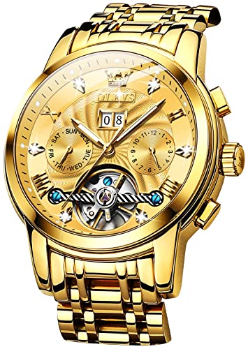 OLEVS Men's Luxury Automatic Skeleton Tourbillon Watch with Diamond, Self-Winding, Calendar & Luminous - Waterproof Dress Watch for Business, Formal & Special Occasions