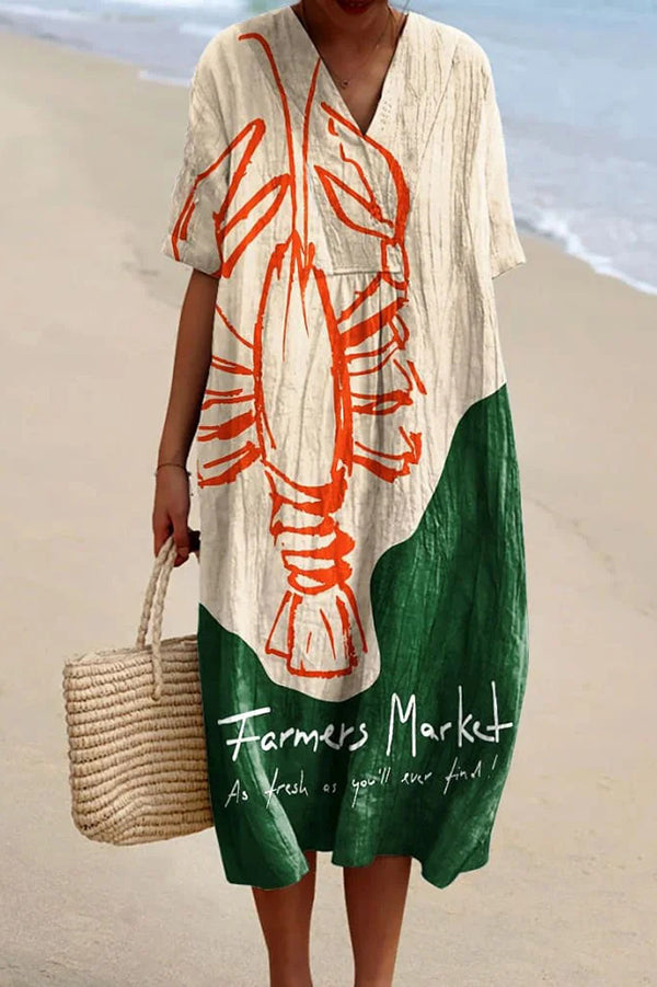 Stylish Marine Print V-Neck Short Sleeve Midi Dress for Women | Beach Vacation, Summer Party & Casual Outfit