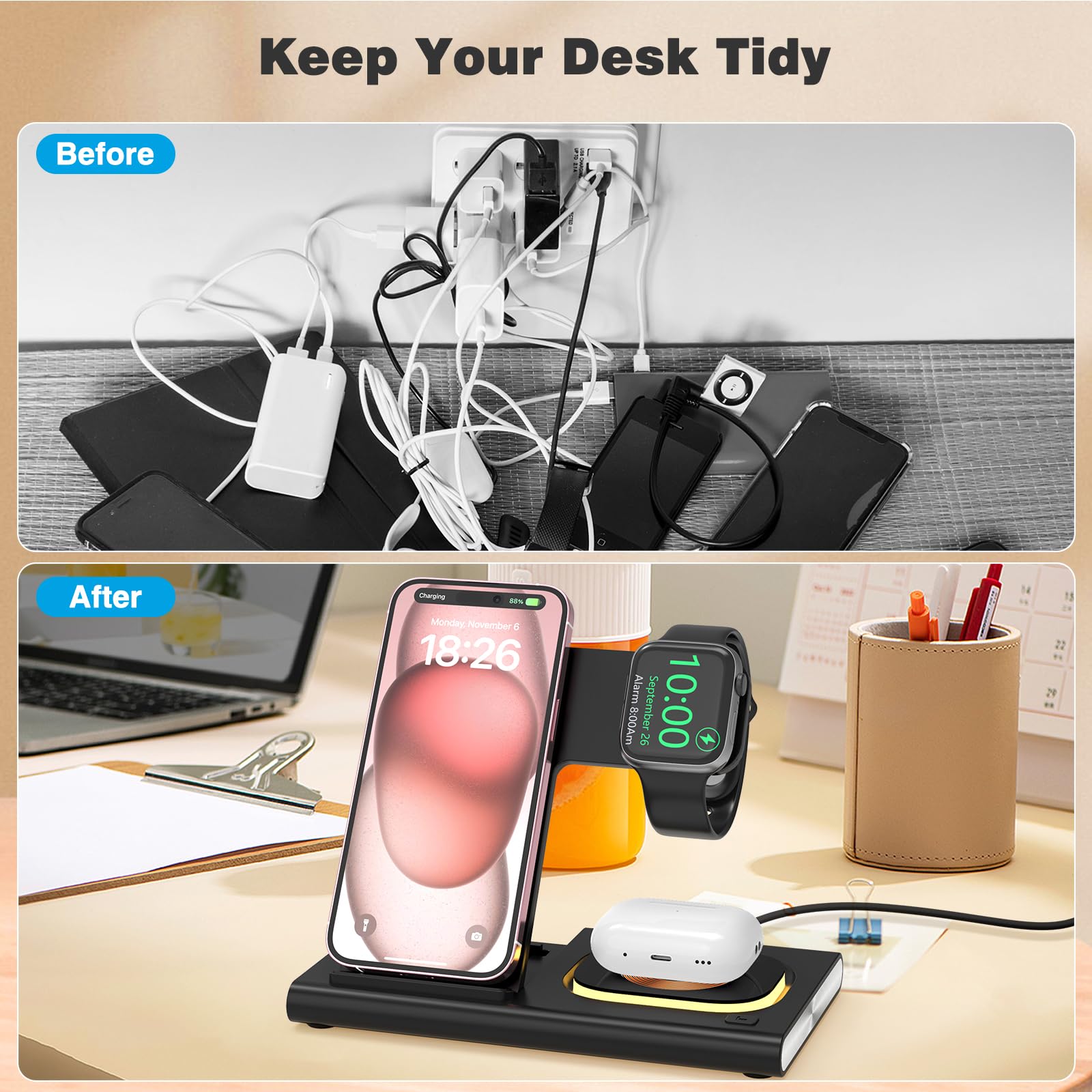 25W 3-in-1 Fast Wireless Charging Station for iPhone 15 Pro Max/14/13/12/11, Apple Watch Ultra 9/8/7/6/5/4/3/SE & AirPods Pro 3/2 - Includes 3ft USB-C Cable - Compatible with Samsung Galaxy Phones - Perfect for Home, Office and Nightstand Charging