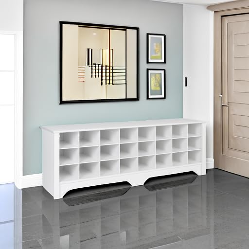 White Hall Bench with Storage - 24-Shoe Cubby Entryway Bench, 15.5