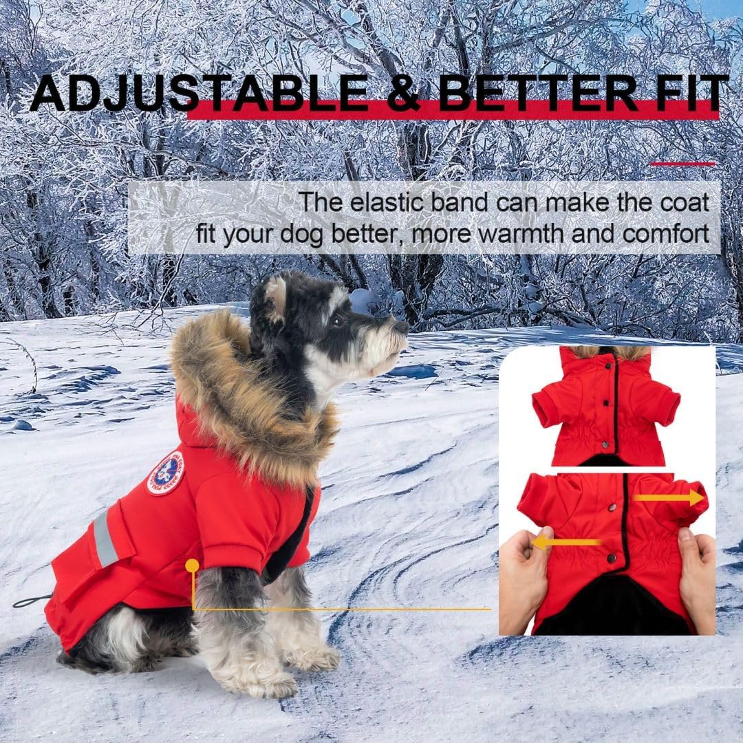 Waterproof & Windproof Dog Winter Coat for Small Dogs - Reflective Hoodie with Faux Fur & Flannel Lining - Warm Cold Weather Jacket with Pocket - Perfect for Snowy Walks, Outdoor Adventures & Nighttime Safety