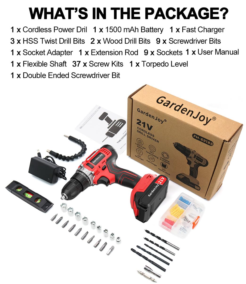 **21V Cordless Power Drill Set - GardenJoy Electric Drill Driver Kit with Battery & Fast Charger, 65pc Accessories, 2-Speed Control, 3/8