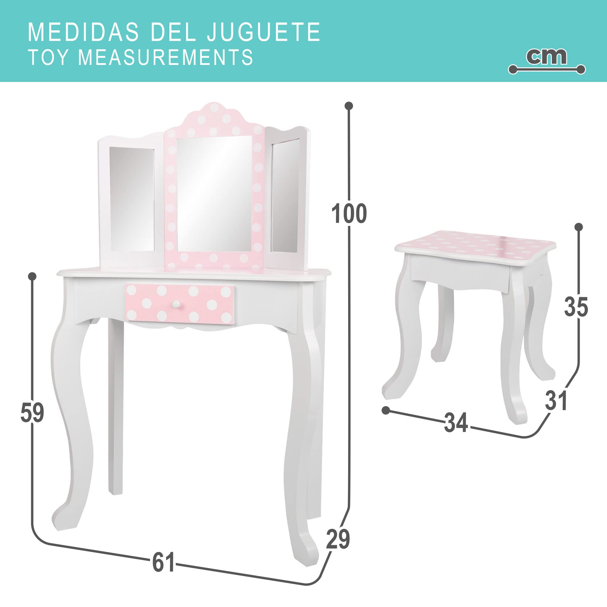 WOOMAX Wooden Kids Makeup Vanity Set with Stool, Mirror & Drawer - Pretend Play Beauty Center for Girls & Boys Ages 3+ - Perfect for Birthday Gifts, Role Play & Imaginative Play (85388)