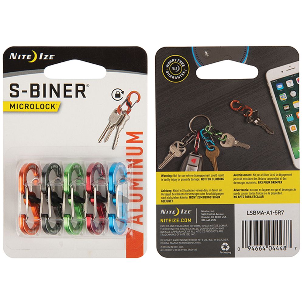 820034 S Biner Aluminum Microlock Carabiner - 5 Pack Assorted Colors for Outdoor Gear, Keychains & Backpack Accessories | Lightweight & Durable Climbing Hooks