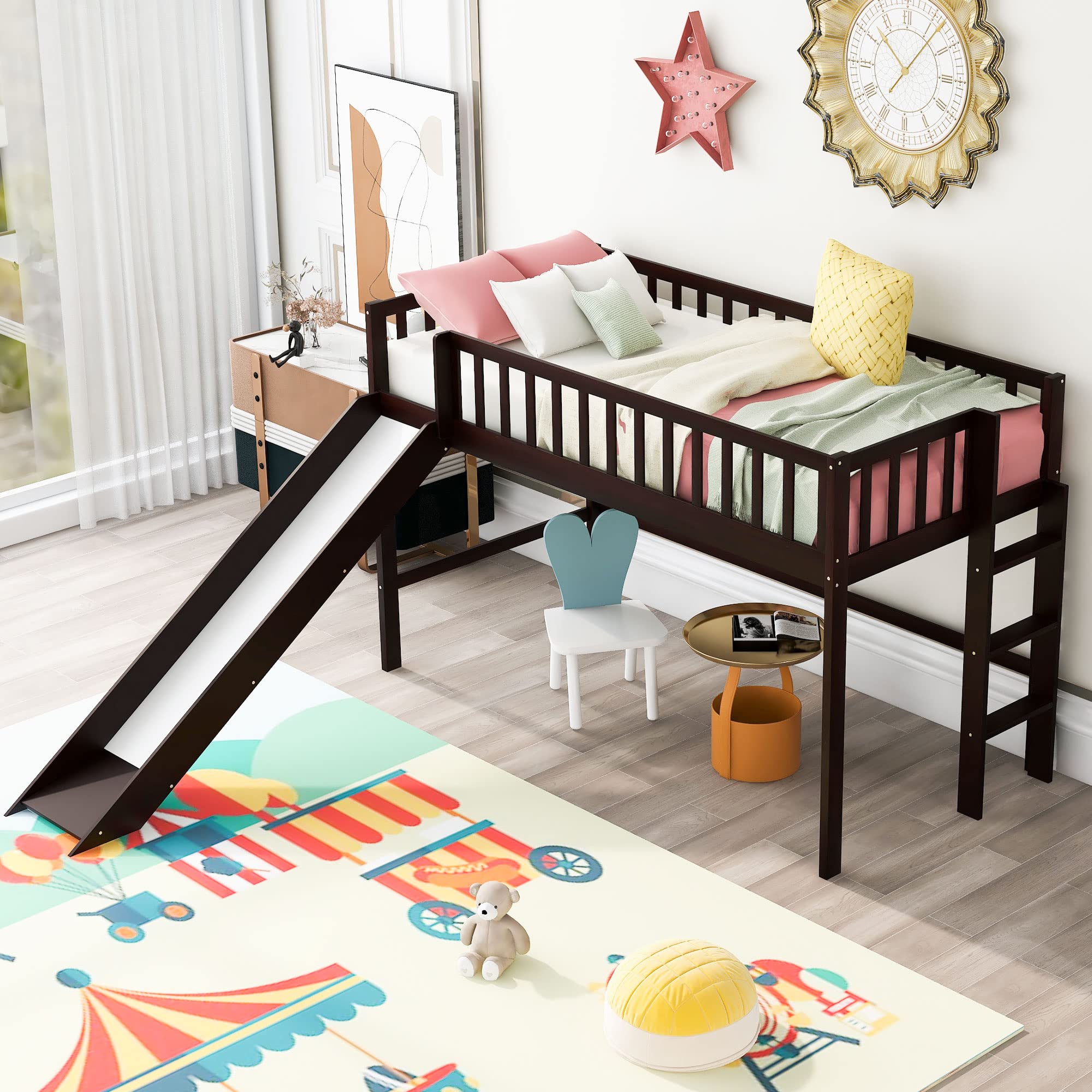 **Solid Wood Twin Loft Bed with Slide & Ladder - Espresso Platform Bed with Headboard & Footboard, No Box Spring Needed, Easy Assembly - Perfect for Kids' Bedroom, Playroom, or Small Space**