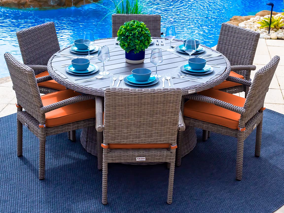 Gray Tuscany 7-Piece Resin Wicker Outdoor Patio Dining Set with Round Table & 6 Cushioned Chairs - Half-Round Wicker Furniture with Sunbrella Canvas - Perfect for Backyard, Garden, Poolside & Outdoor Entertaining