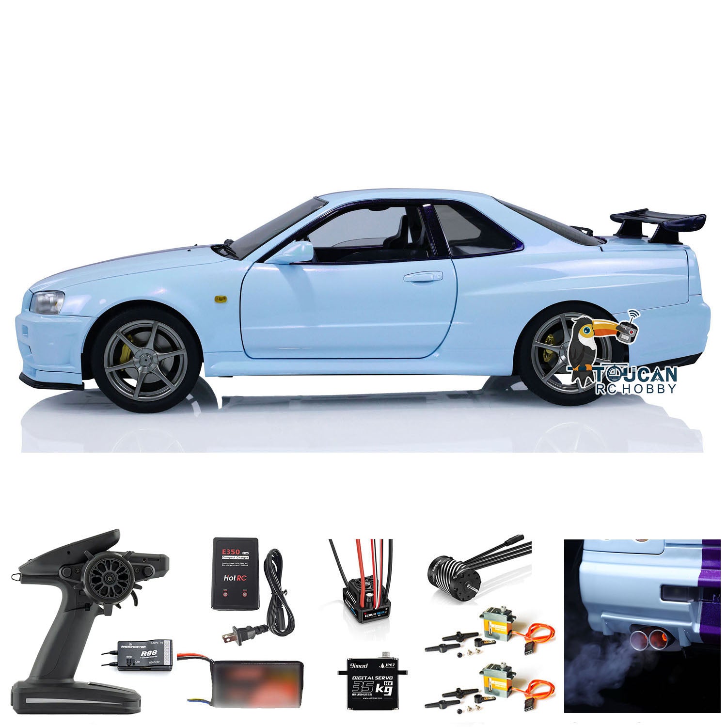 1/8 Scale 4WD Metal RC Racing Car - R34 4x4 High Speed Remote Control Drift Vehicle with Sound & Smoke Effects (RTR Ready-to-Run) - Perfect for Indoor/Outdoor Racing, Drifting & Off-Road Adventures