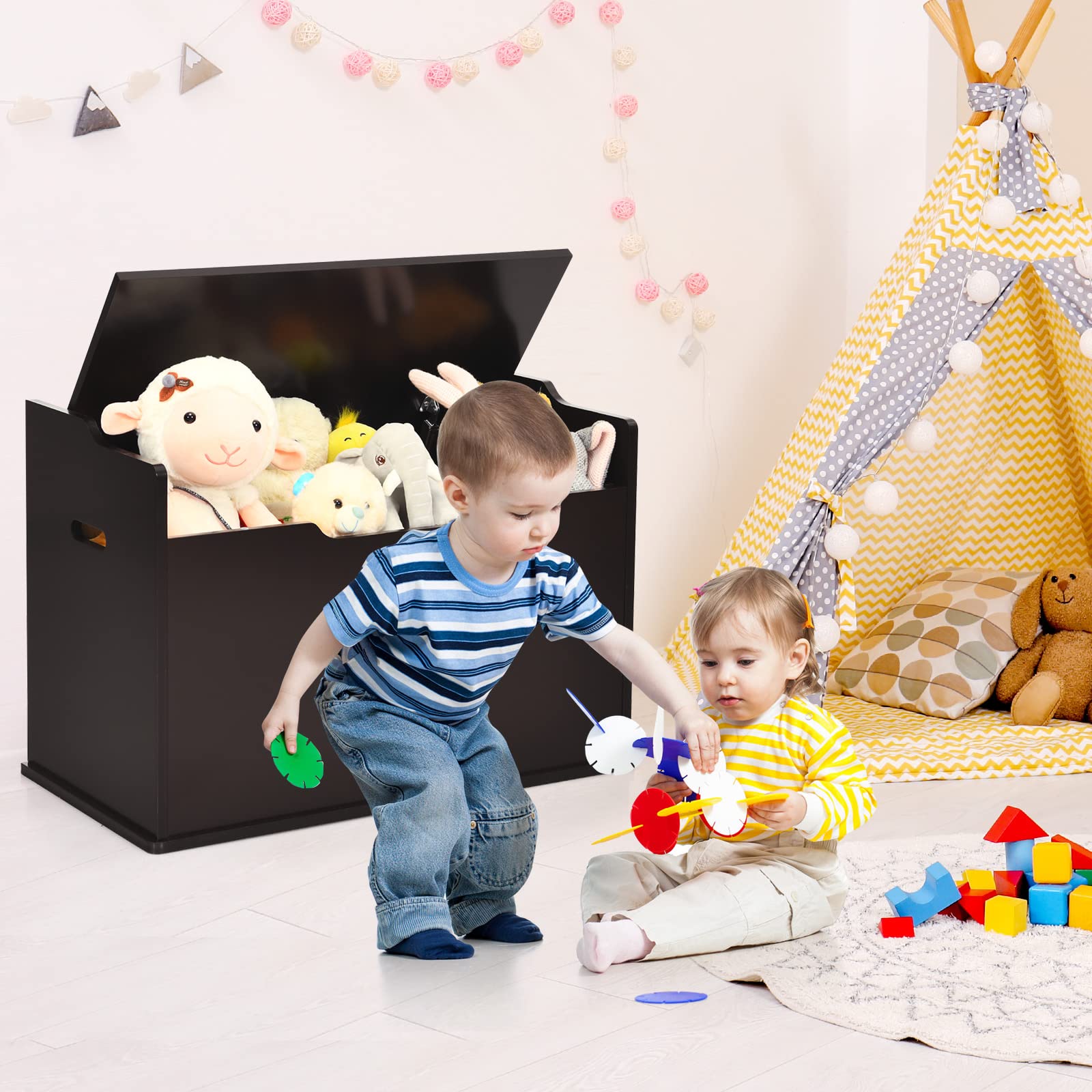 Costzon Modern Espresso Wooden Toy Chest with Bench Seat - Safe Finger-Pinch Prevention Lift-Top Storage Trunk for Kids' Bedroom, Playroom & Nursery - Multi-Functional Toy Organizer with Footrest for Entryway & Living Room