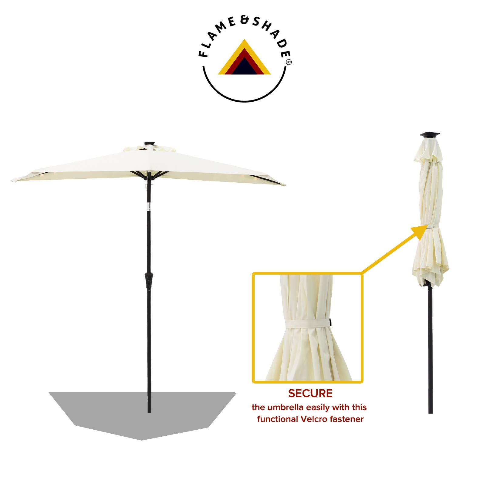 FLAME&SHADE 9 ft Solar Powered Half Round Outdoor Patio Umbrella with LED Lights & Tilt - Waterproof Sun Shade for Garden, Balcony, Poolside & Backyard (Ivory) | Perfect for Outdoor Dining, Lounging & Entertaining
