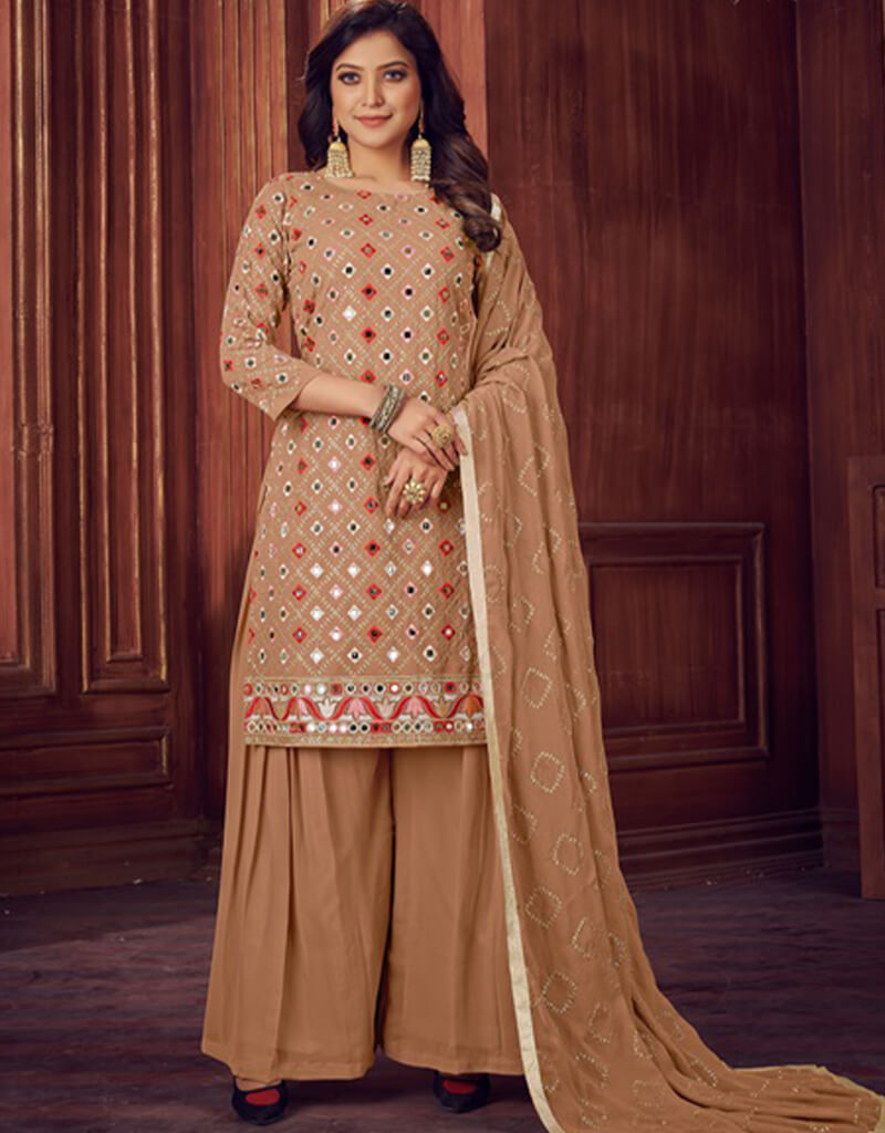 Elegant Beige Sharara Style Salwar Kameez - Faux Georgette Pakistani Party Wear for Weddings & Festivals