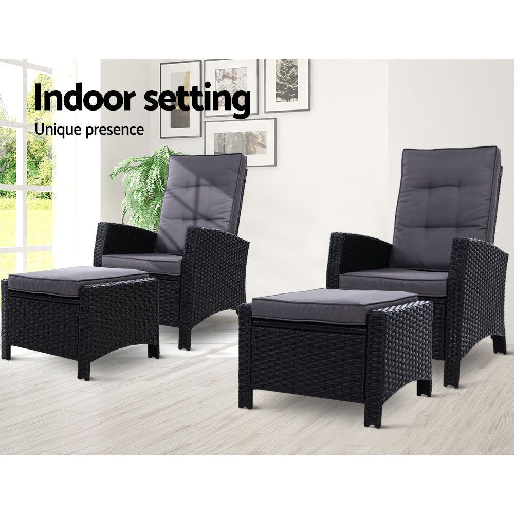 2-Piece Sun Lounger Recliner Chair Set - Wicker Patio Sofa Daybed with Cushion & Ottoman - Outdoor Garden Furniture for Poolside, Backyard Relaxation & Beach Lounging