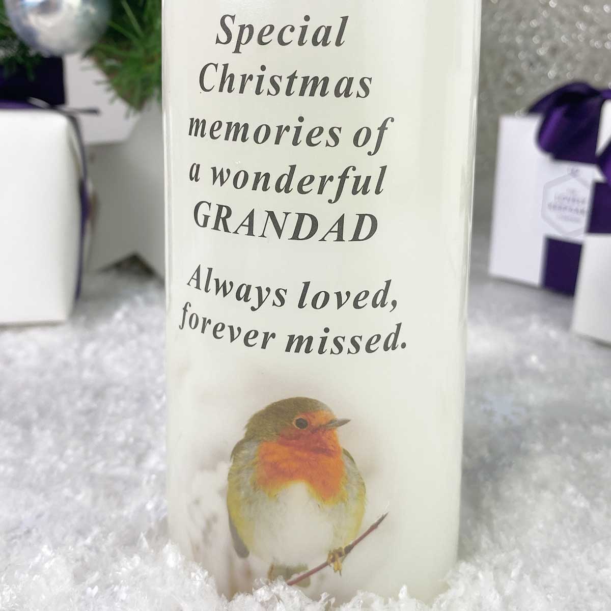 Robin Christmas Memorial LED Candle for Grandad - Flameless Battery-Operated Decorative Candle for Graveside Memorials, Home Altars & Holiday Decorations