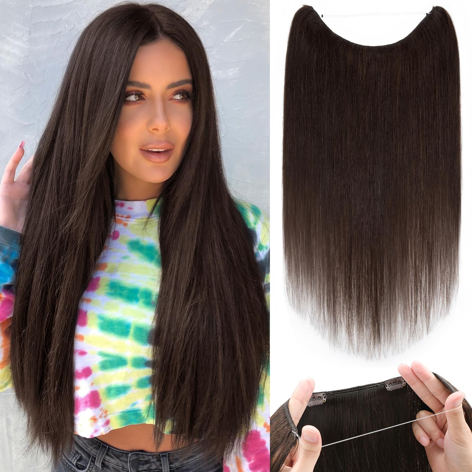 100% Human Hair Extensions - Invisible Wire In Hair Piece with Transparent Rubber Band & 2 Clips - Long Silky Straight Brown 22