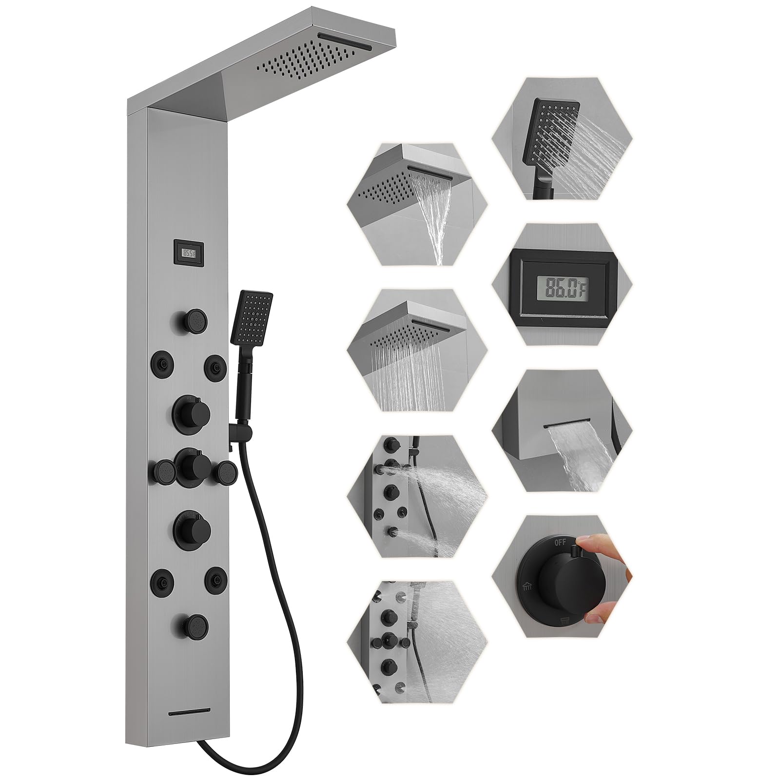BWE 6-in-1 Stainless Steel Shower Panel Tower System with Body Jets, Rainfall & Waterfall Shower Head, Brushed Nickel Finish, Temperature Display & Tub Spout - Perfect for Luxury Bathroom Renovation & Spa-like Shower Experience