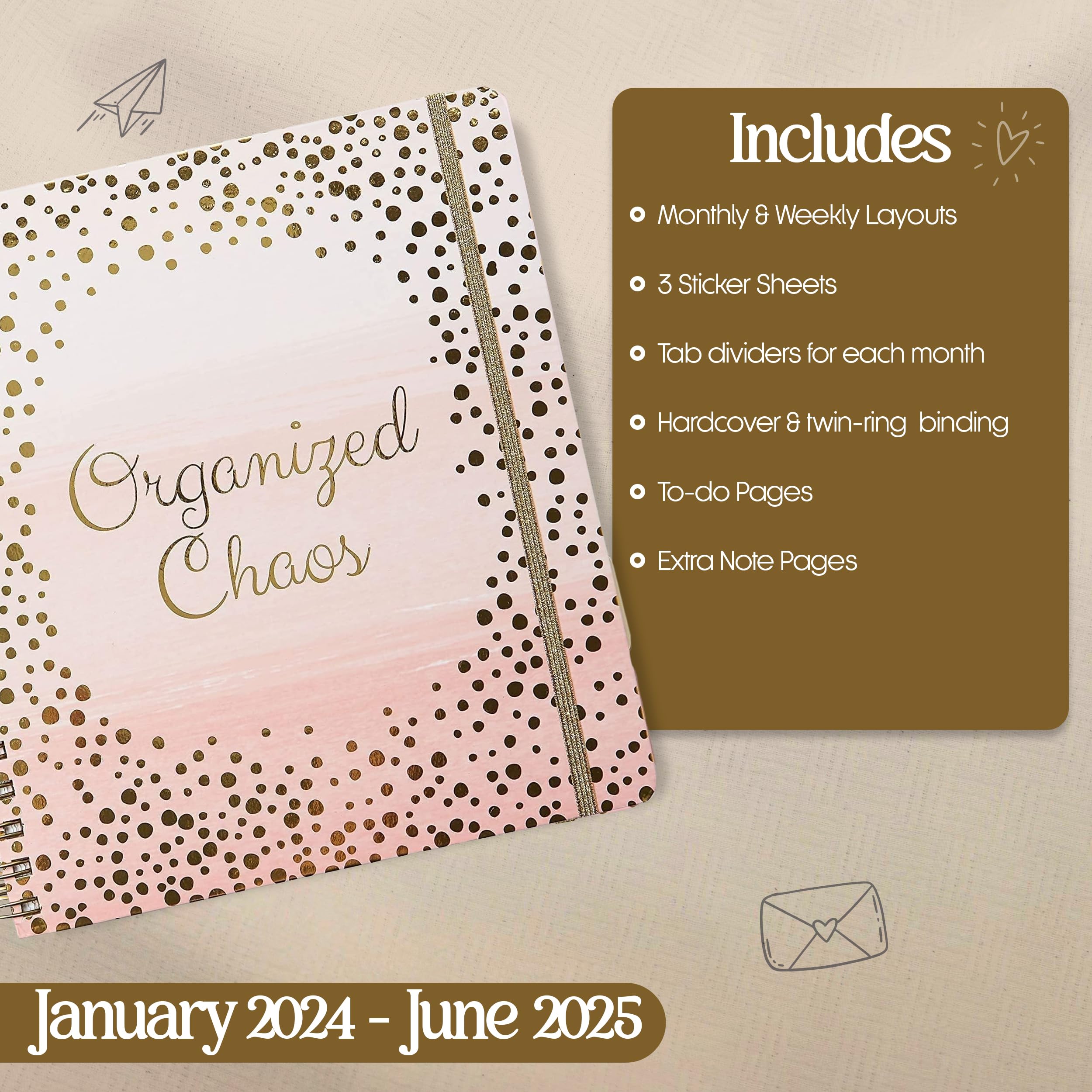 Votum 18-Month Large Planner 2024-2025 - Daily Weekly Monthly Calendar Organizer with Stickers (January-June, Pink) - Perfect for Work, School, Home & Productivity Planning