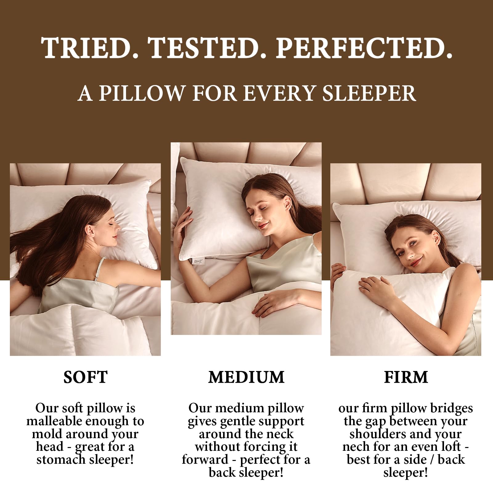 **BHZ Goose Down Feather Pillows Queen Size - Soft & Supportive Hotel Bed Pillows for Side & Back Sleepers - 1 Pack (20