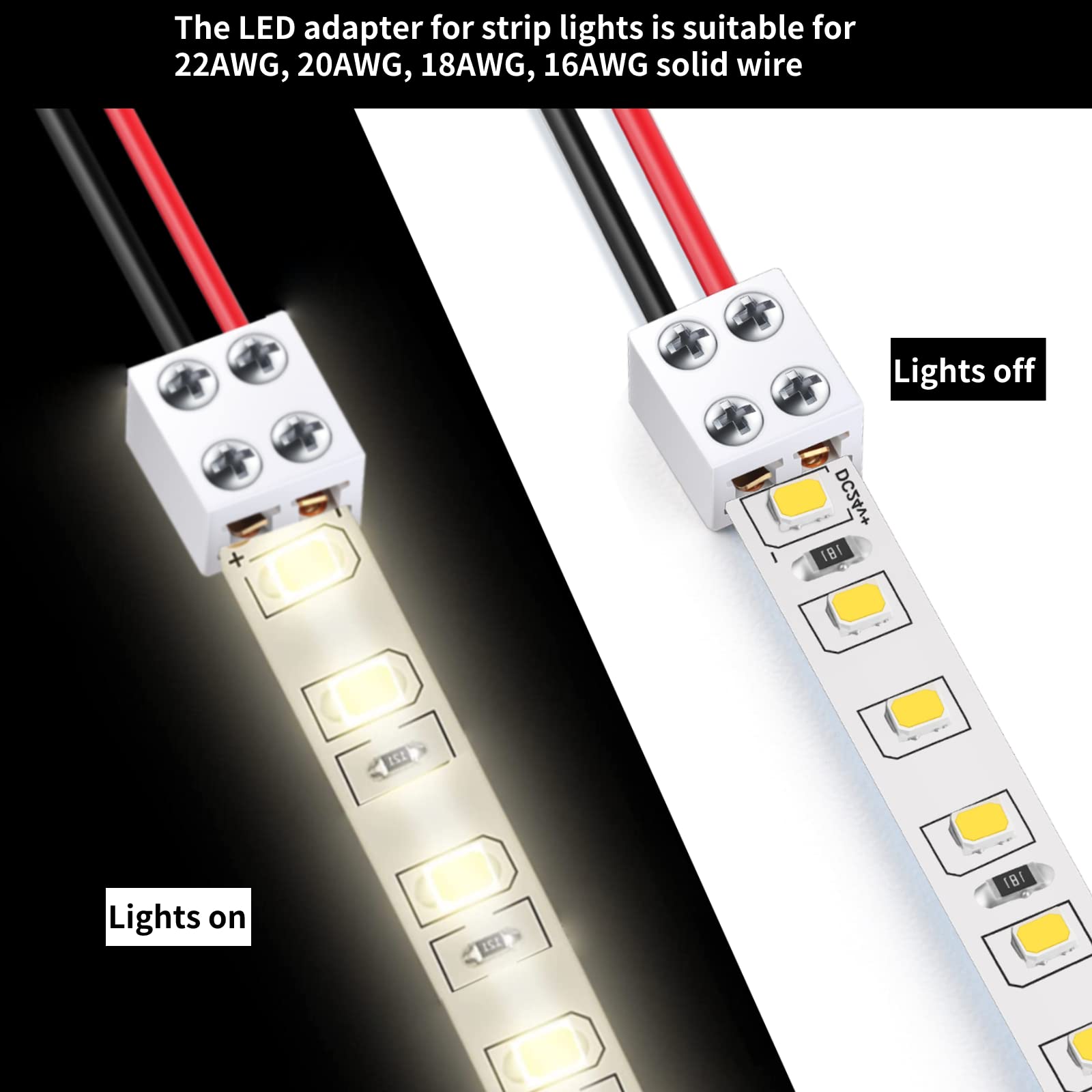 10 Pack 2 Pin 10mm Solderless LED Strip Light Connectors - Screw Terminal Block for 5V 12V 24V Monochrome LED Tape Lights - Easy Wire to Strip Connection for Home, RV, and DIY Lighting Projects