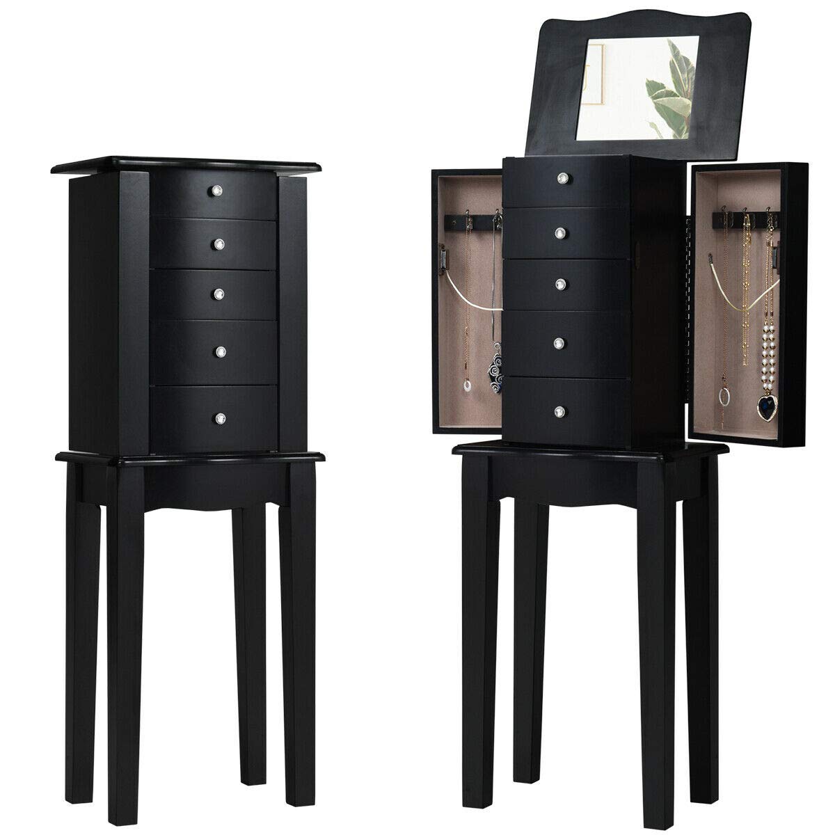 Black Wooden Jewelry Cabinet Armoire - Organizer Stand with Storage Drawers for Necklaces, Rings & Earrings - Perfect for Bedroom, Closet & Christmas Gifts
