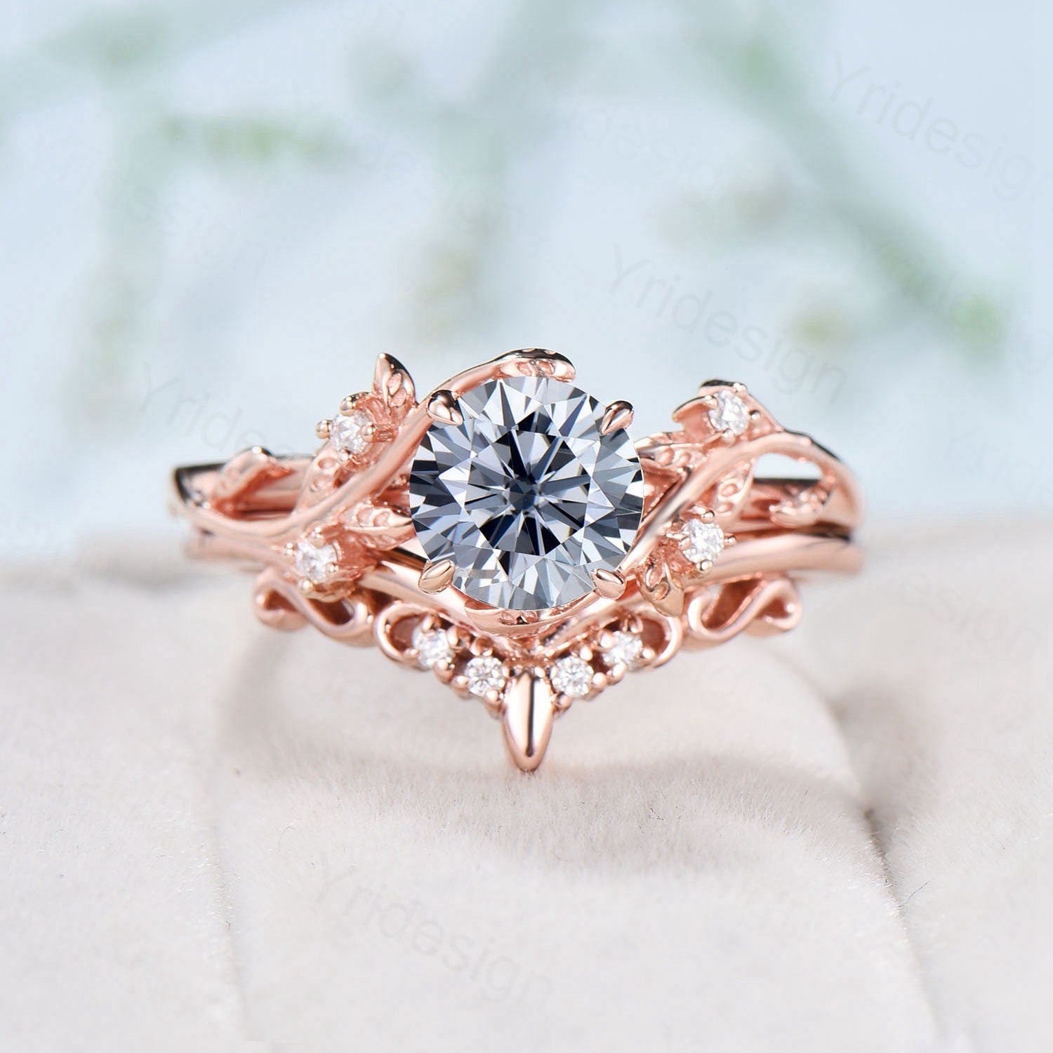 Leaf Twig Gray Moissanite Engagement Ring Set - Platinum Moissanite Wedding Band for Women - Nature Inspired Leaves Bridal Jewelry - Perfect for Outdoor Weddings & Nature-Themed Proposals