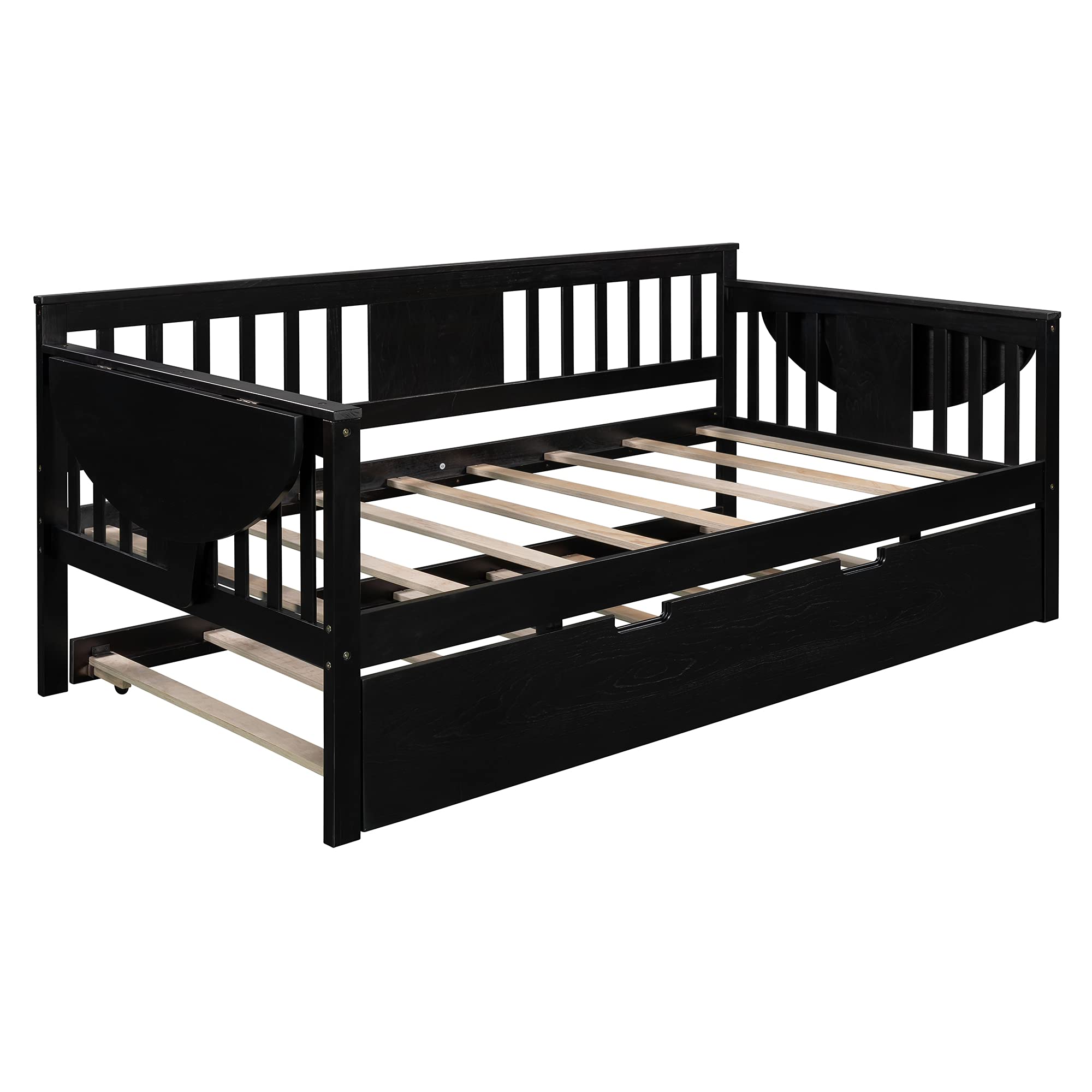 P PURLOVE Twin Daybed with Trundle - Solid Wood Daybed Frame with Built-in Folding Tables on Both Sides - No Box Spring Needed - Perfect for Small Spaces, Guest Rooms, Dorms & Living Rooms (Espresso Finish)