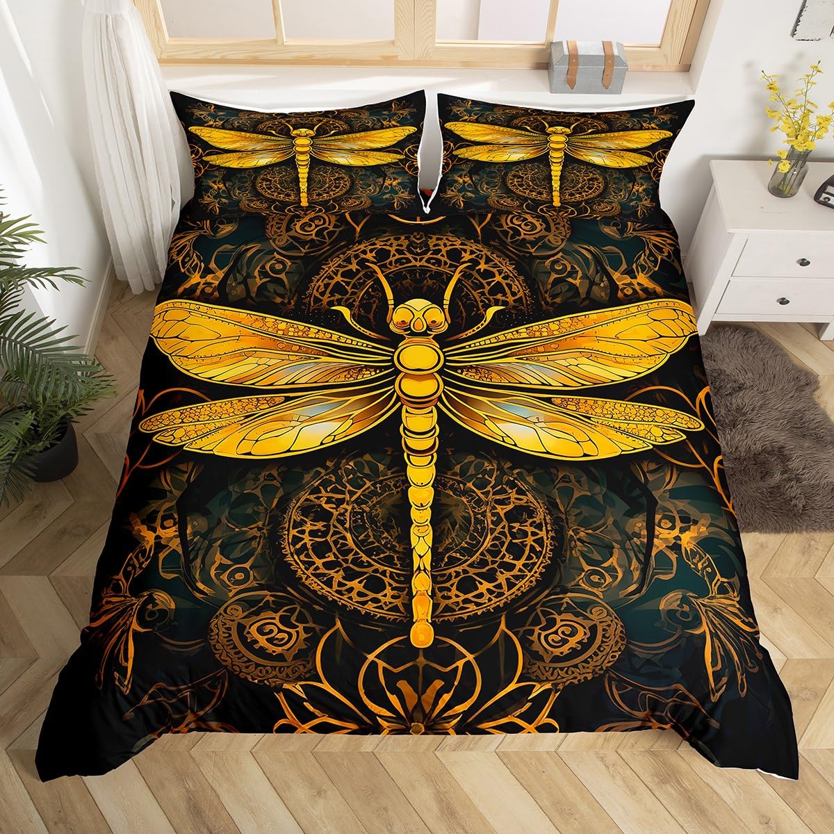 Luxury Gold Boho Dragonfly Bedding Set King Size for Bedroom Decor