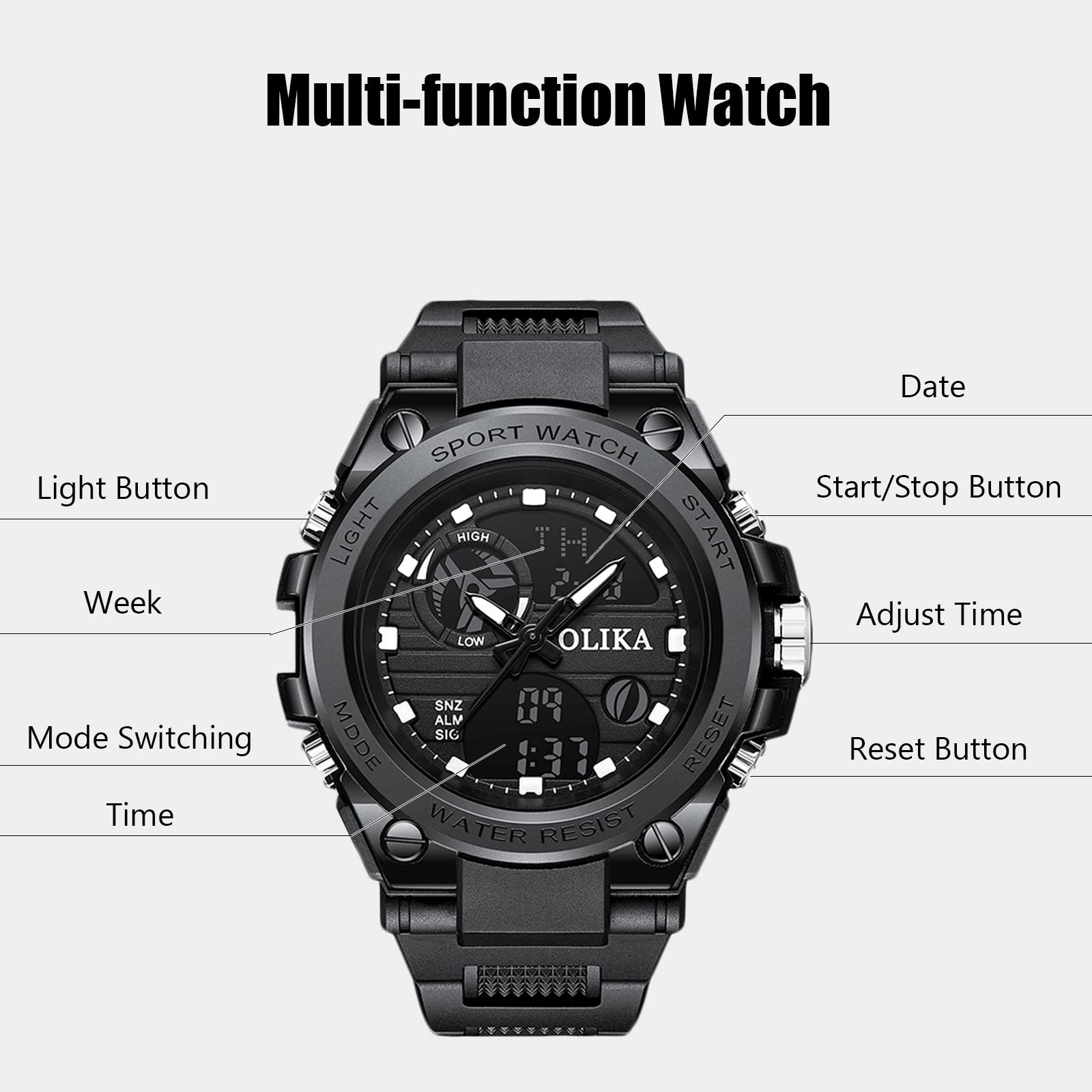 RORIOS Men's Digital Sports Watch - Waterproof Military Watch with Alarm, Timer, Stopwatch & Luminous Display | Durable Wristwatch for Running, Hiking, Swimming & Outdoor Activities
