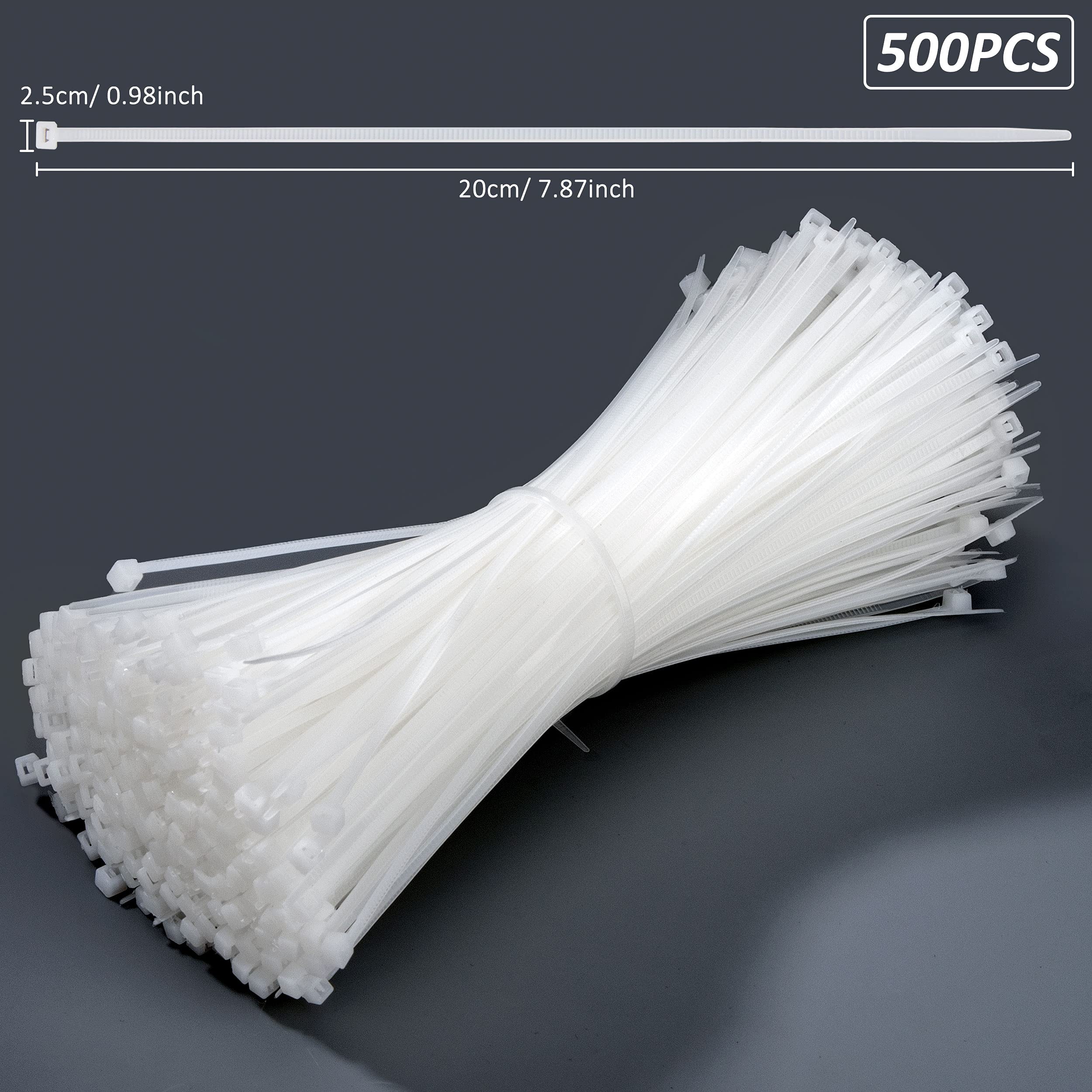 500 Pack White Plastic Cable Ties 2.5mm x 200mm - Heavy Duty Zip Ties for Cable Management, Gardening, Home Organization & DIY Projects