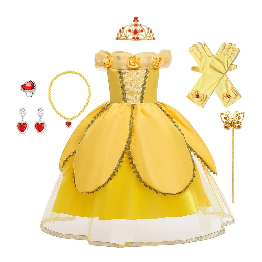 CinheyU Girls Belle Princess Birthday Party Dress with Accessories - Beauty and the Beast Costume for Halloween, Christmas & Special Occasions | Perfect for Dress-Up, Themed Parties & Photo Shoots