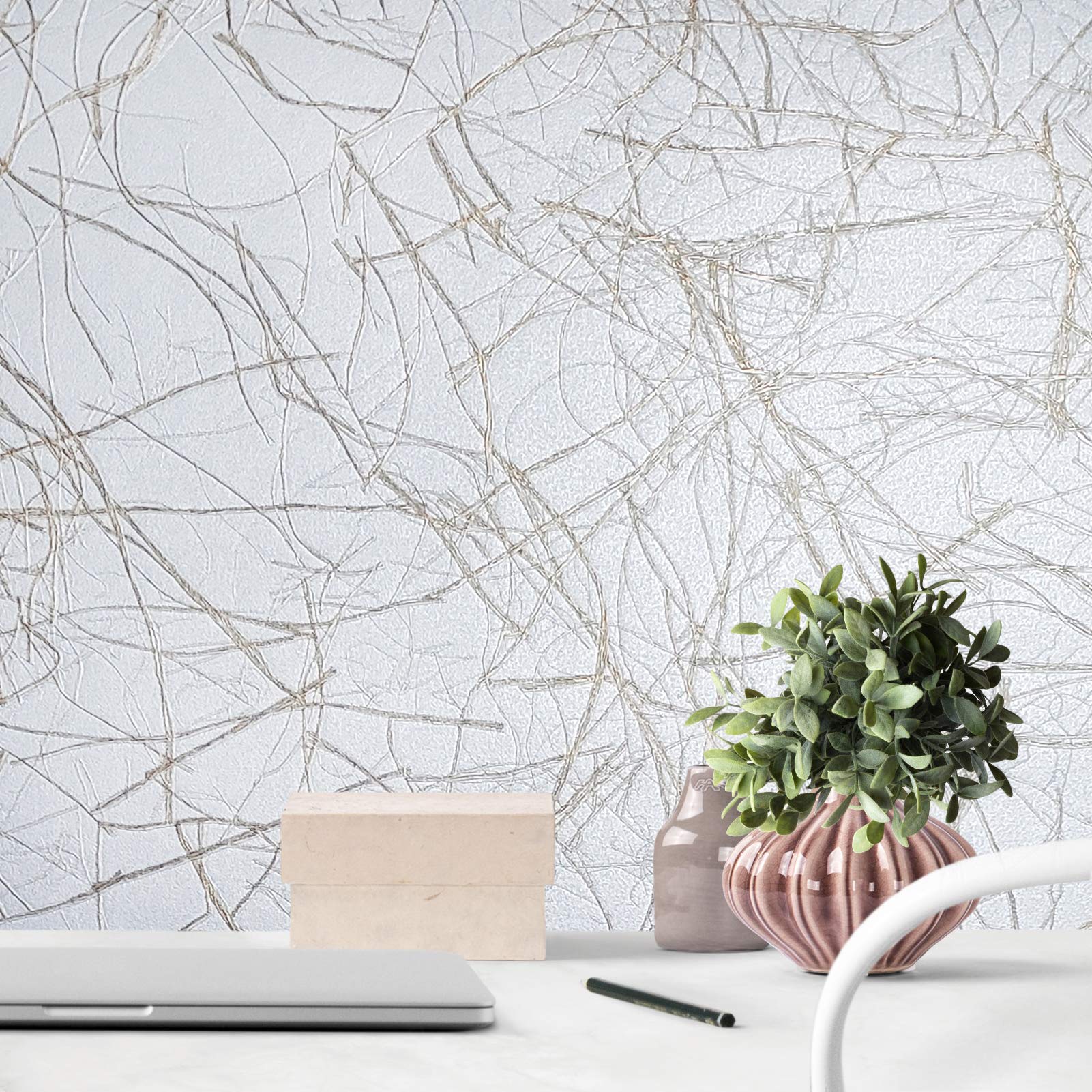 Gray Silver Metallic Gold Faux Grasscloth Vinyl Wallpaper - Textured Plaster Design for Living Room, Bedroom & Office Decor | Waterproof & Peel-and-Stick Roll